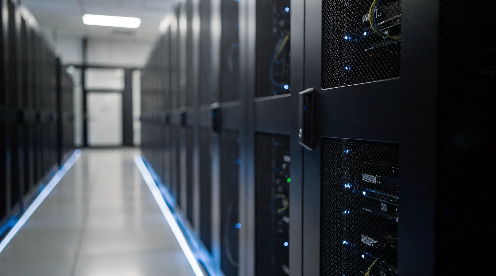 Data center server rack aisle with blue ambient lighting