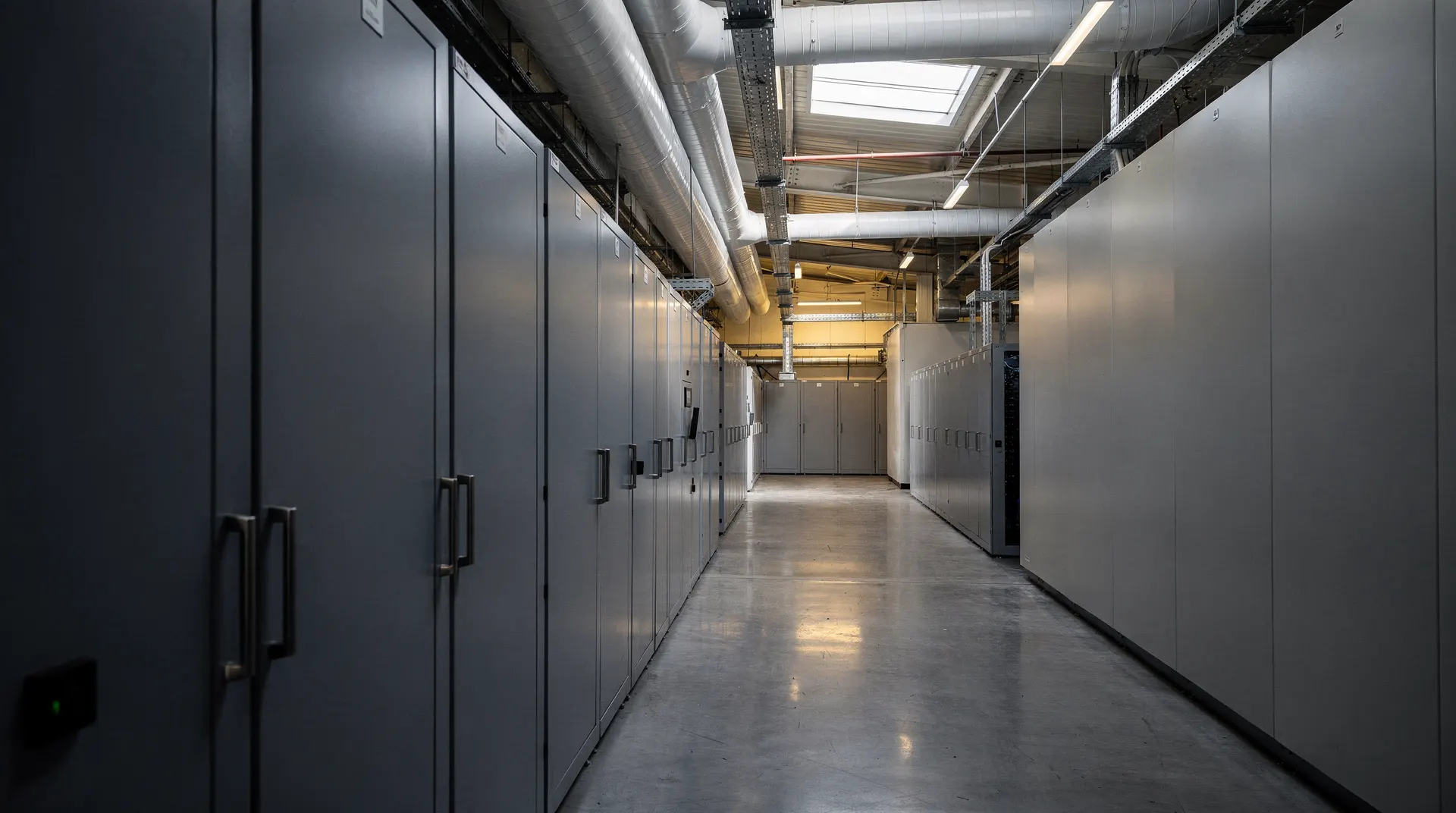 Server racks lead toward newly positioned cabinets in a blue-lit data-center aisle.