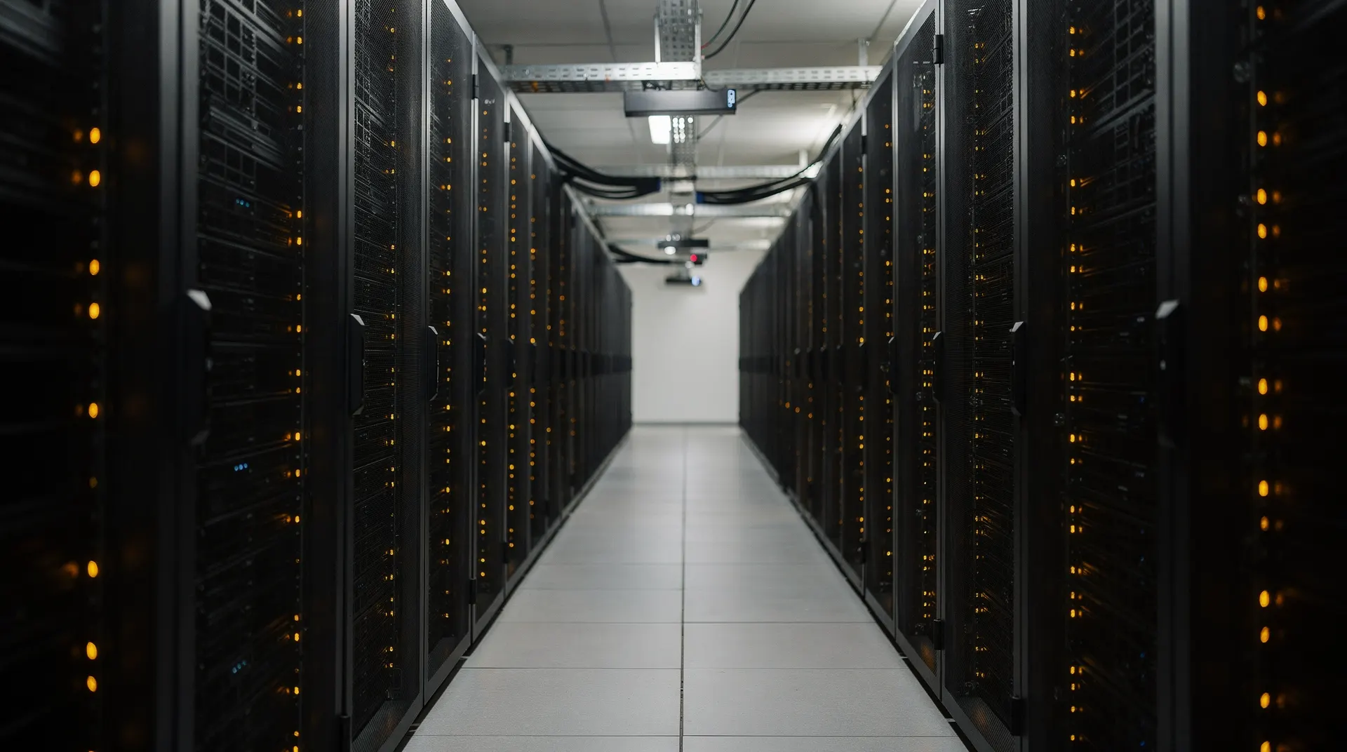 Rows of server racks in a data center illuminated by amber LED lights