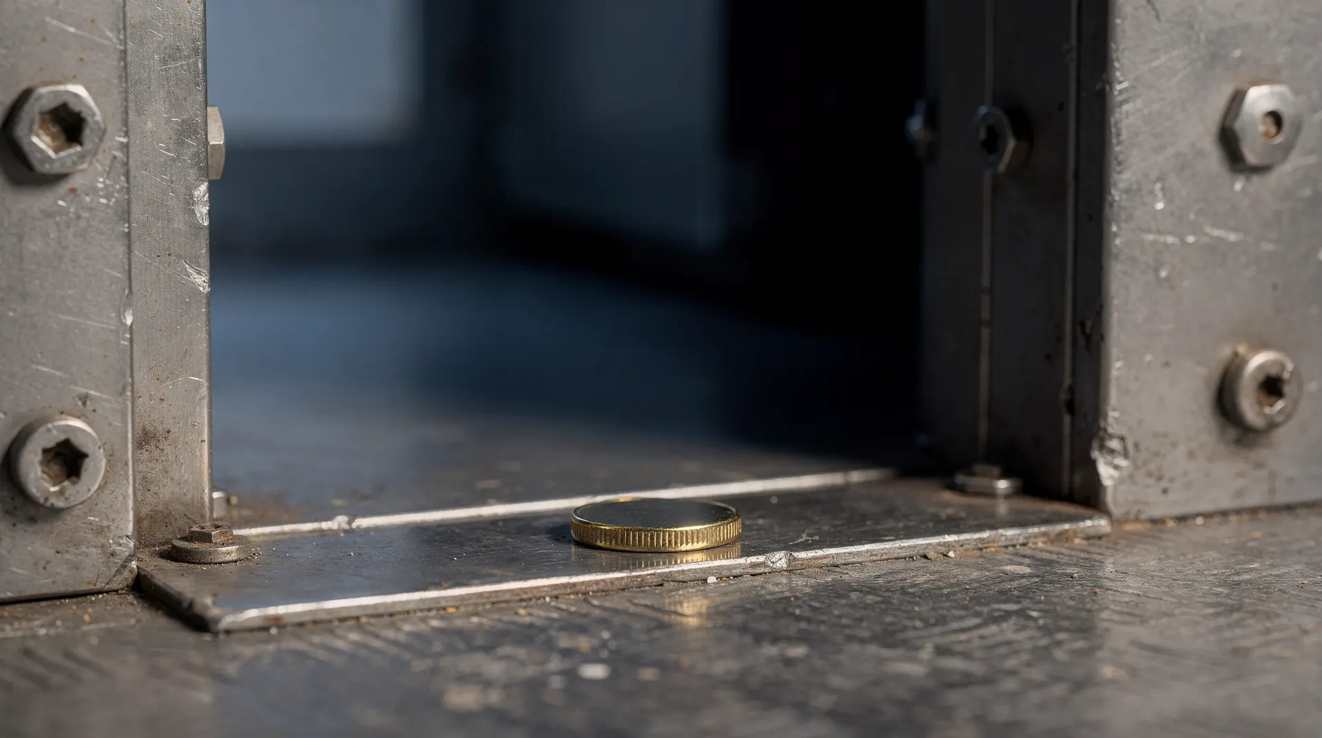 An unmarked metal coin rests at the entrance to a partially open steel vault.