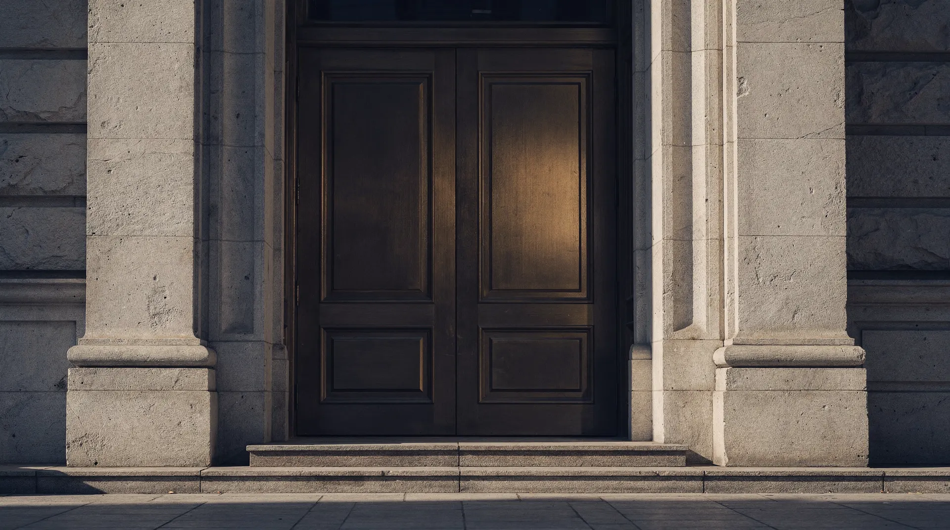 Closed double doors at an unmarked stone building entrance, lit by a warm glow.