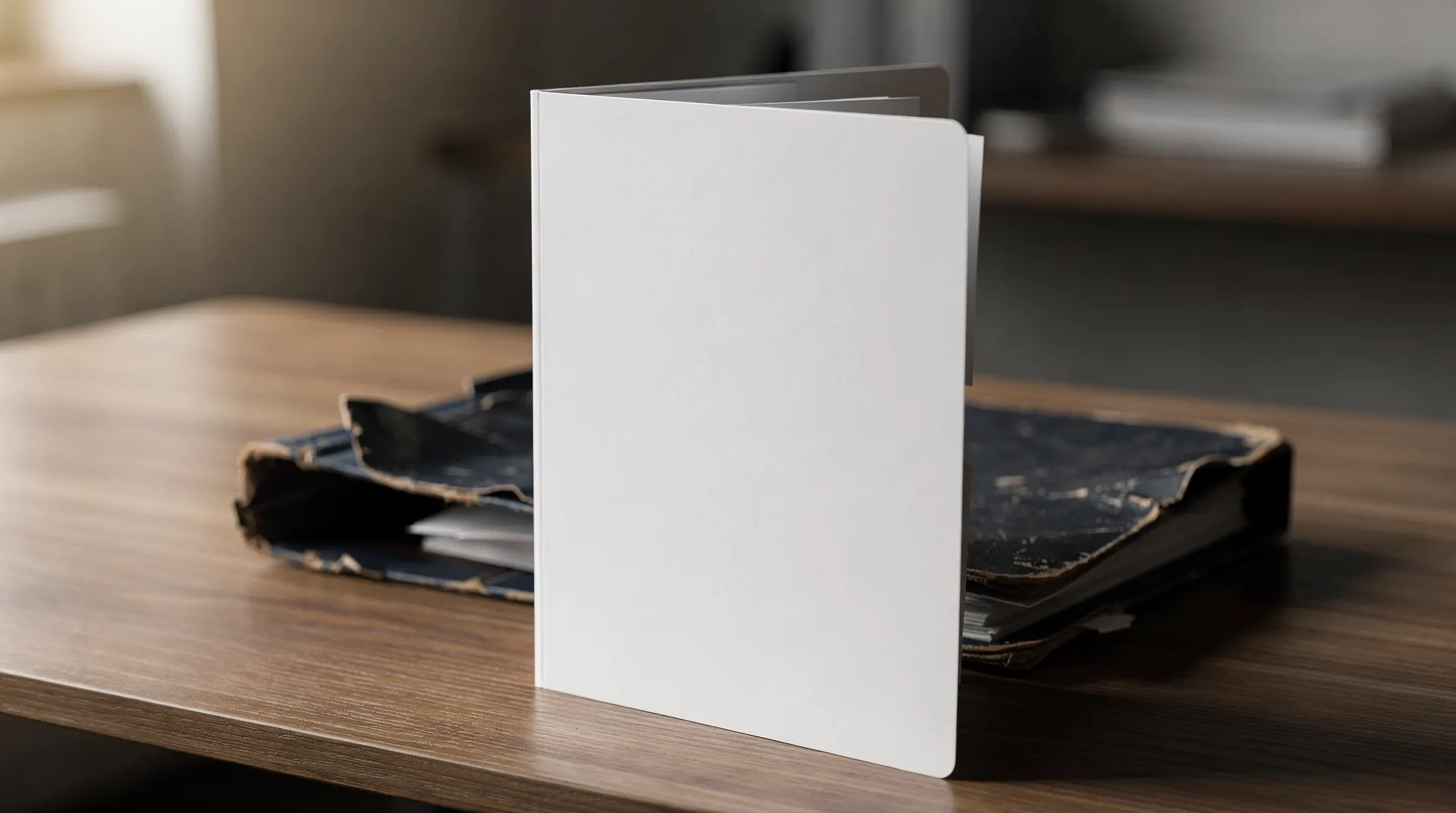 A crisp new white folder stands upright beside a crumpled worn dark folder on a wooden desk.