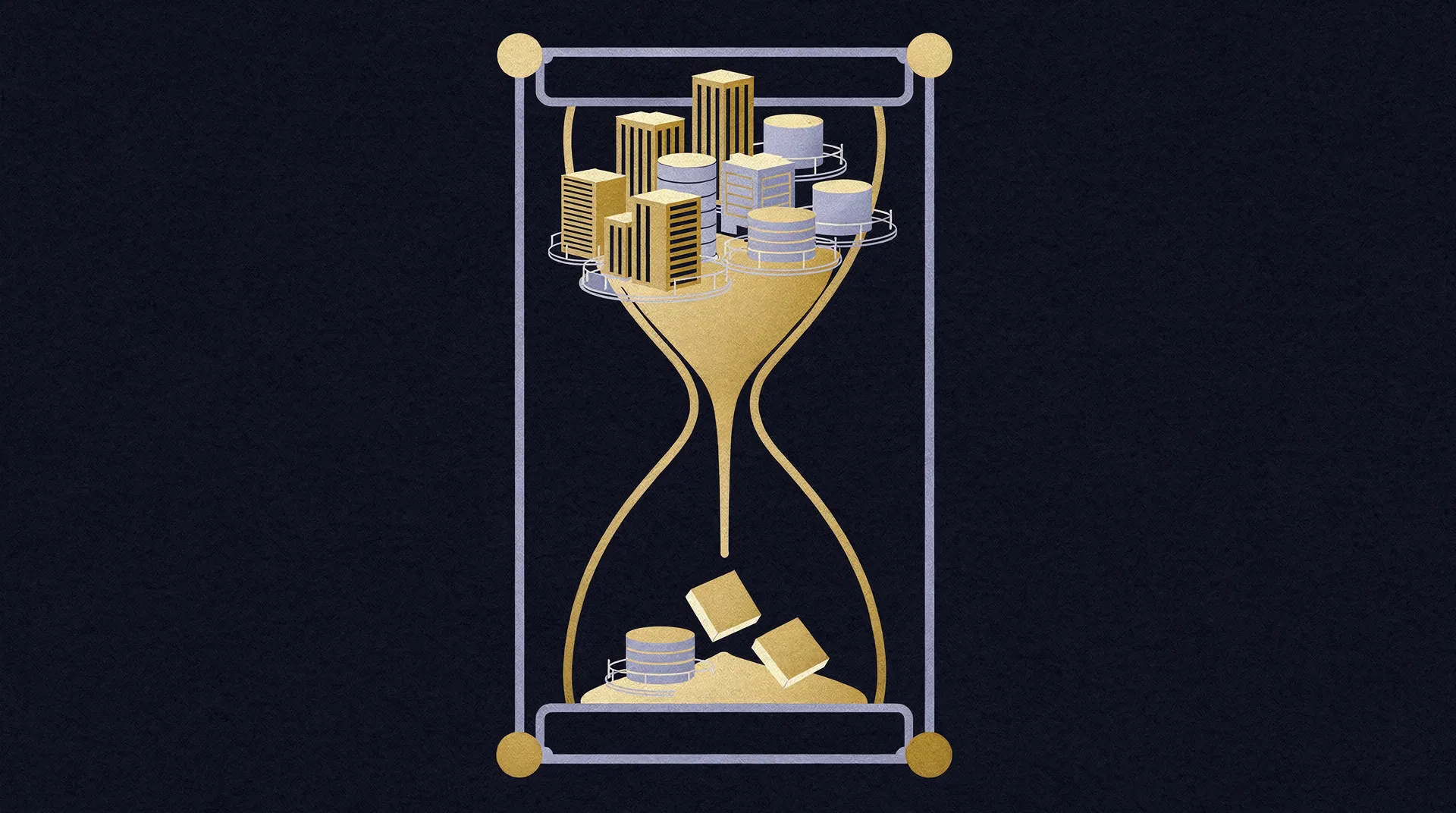 A stylized hourglass, with the top bulb filled with gold and grey corporate buildings and structures, and the bottom bulb accumulating sand and falling blocks.