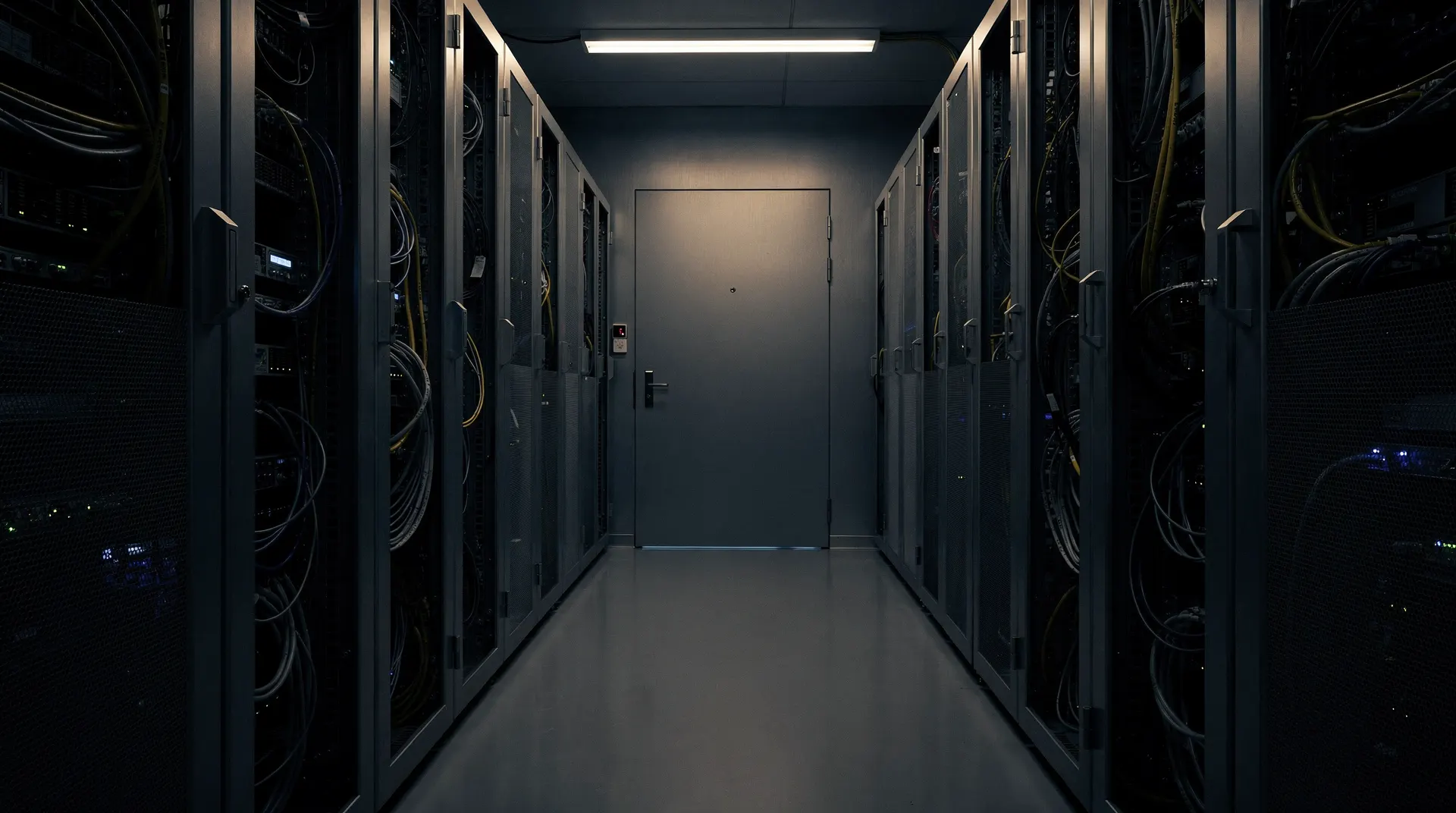 Unmarked server racks recede toward a closed door in a dim server-room aisle.