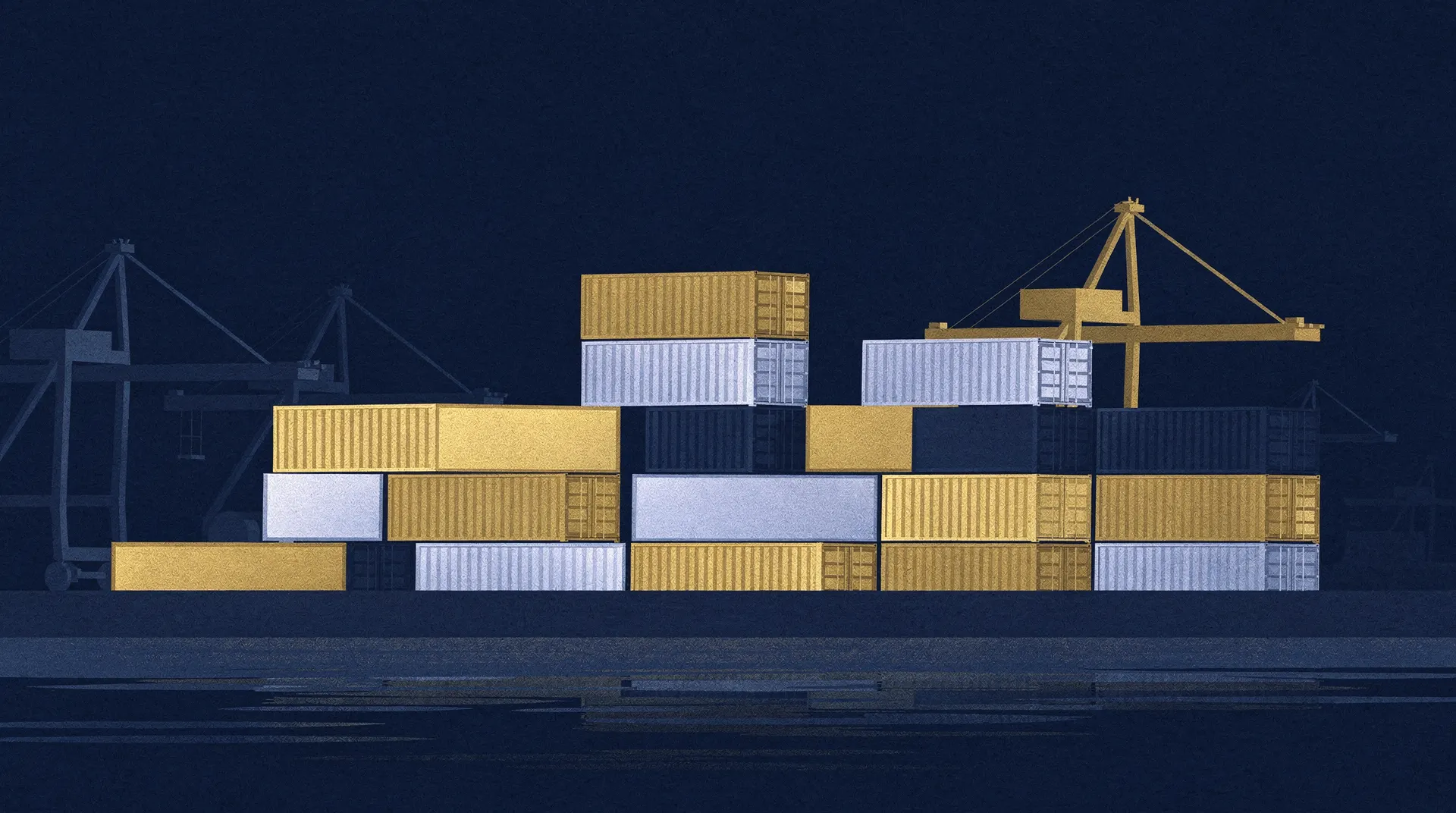 Editorial illustration of infrastructure — shipping containers and cranes — representing OFAC's sanctions architecture in the Venezuela telecom market, in MIL house style
