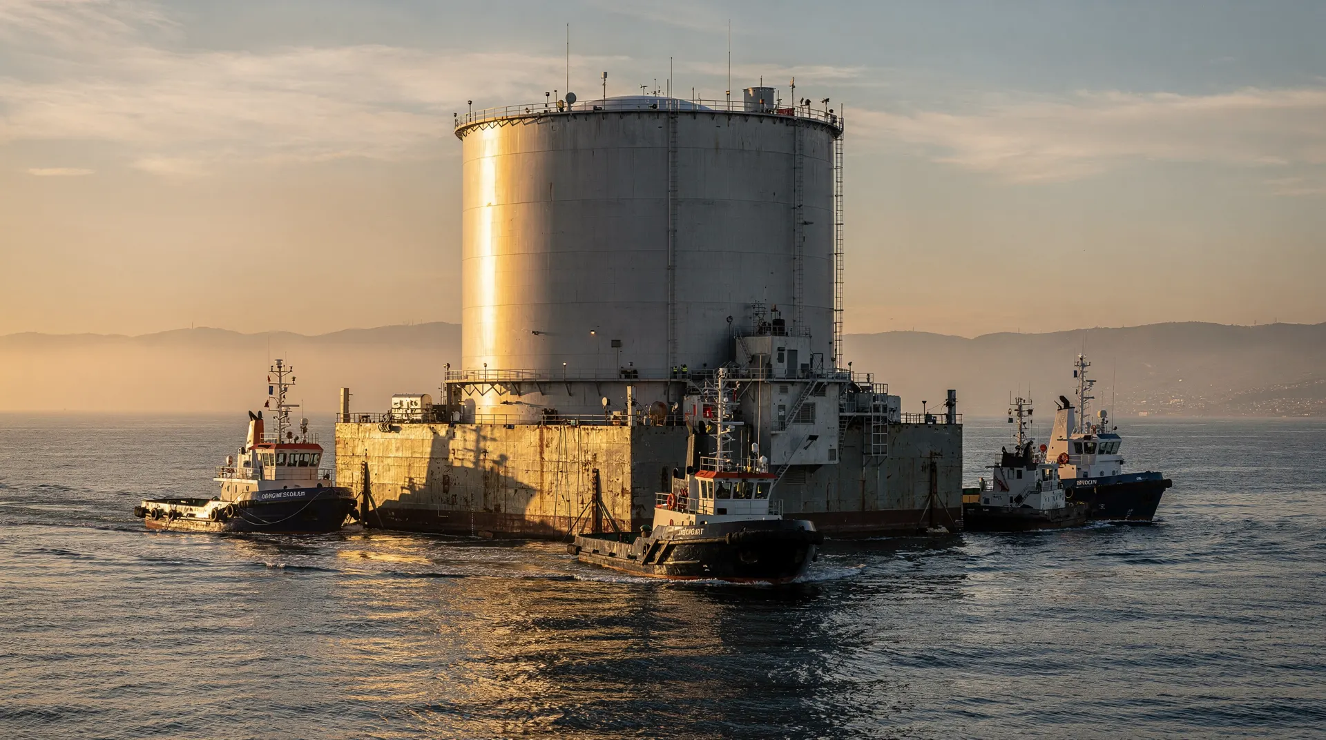 Large cylindrical floating platform, possibly for energy, being towed by multiple tugboats across calm ocean waters at sunset.