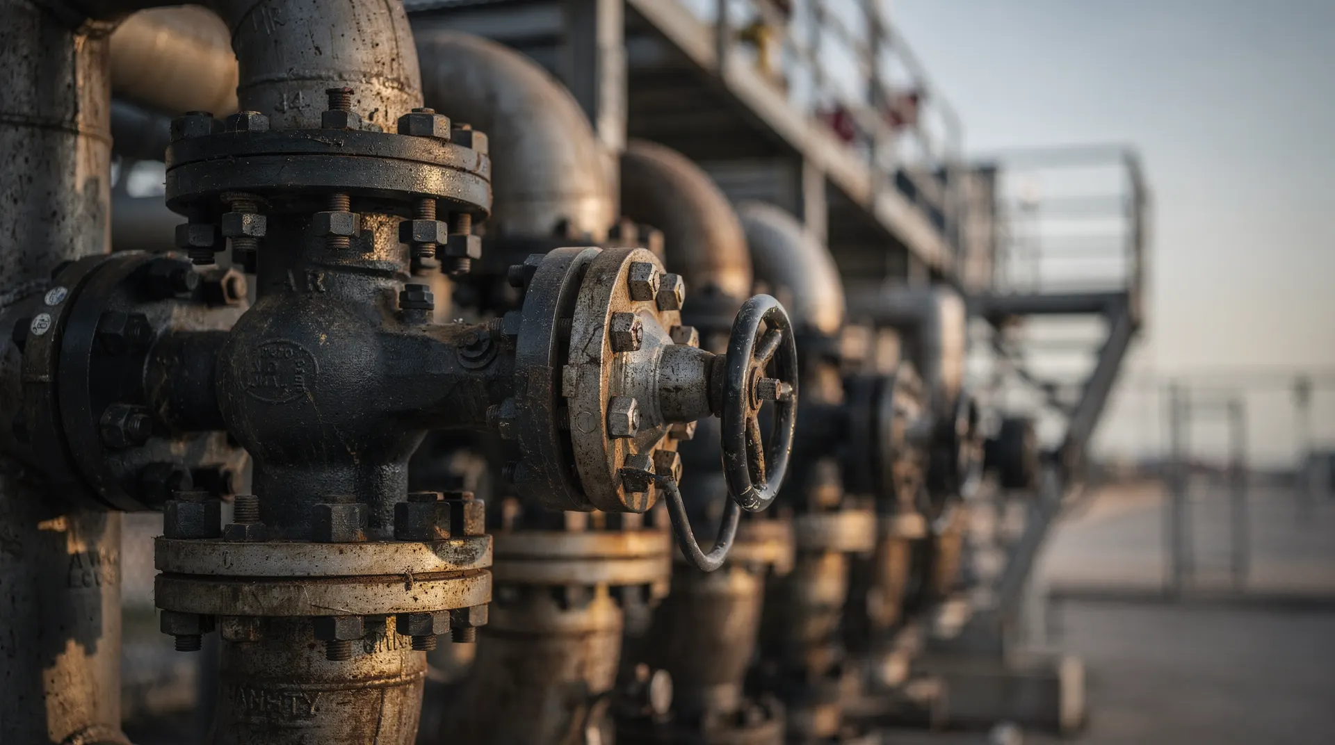 A heavy steel valve stands amid crude-oil pipelines under warm industrial lights.