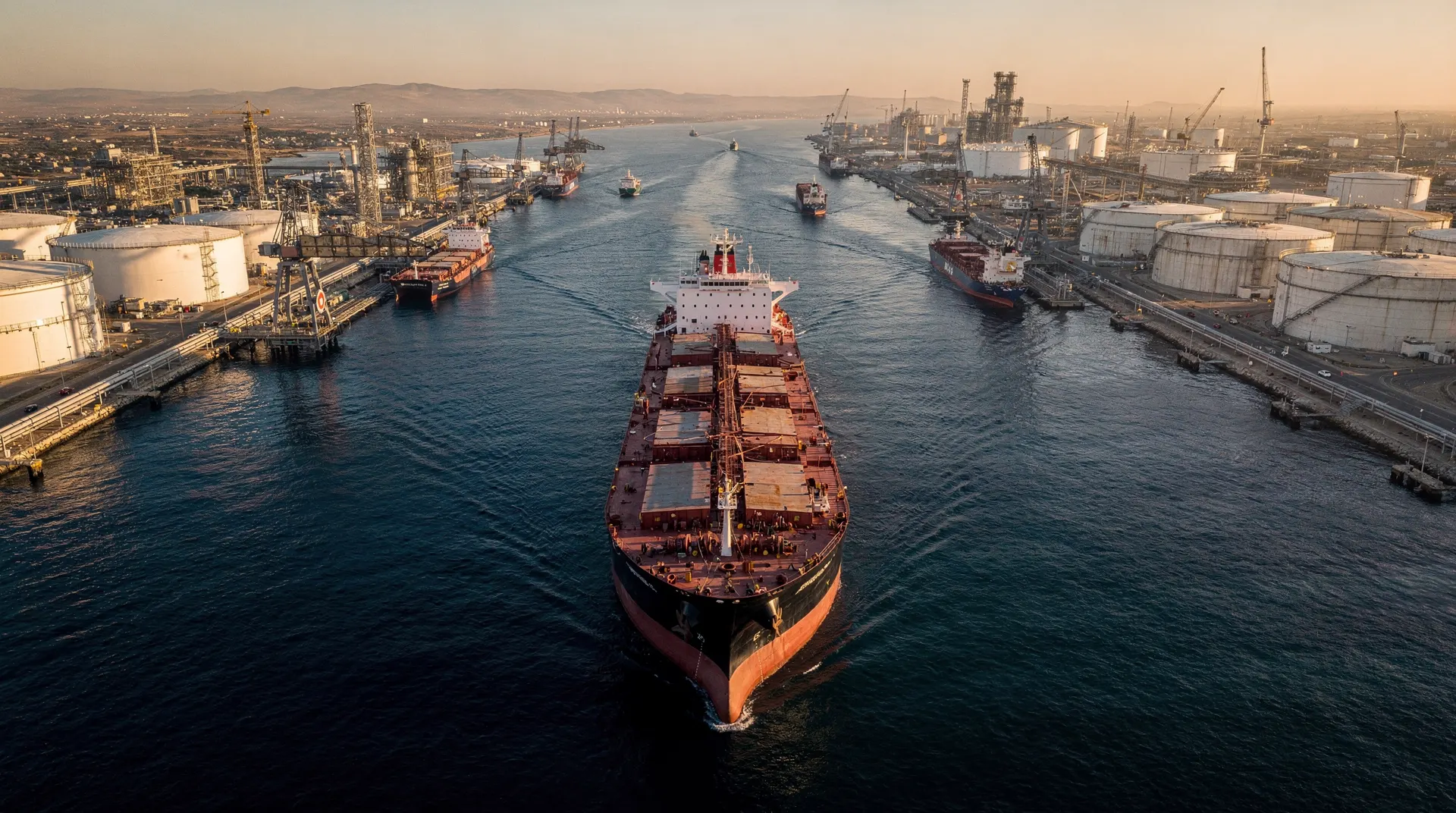 Aerial view of a large oil tanker entering a port with multiple other ships, oil storage tanks, and refinery infrastructure.