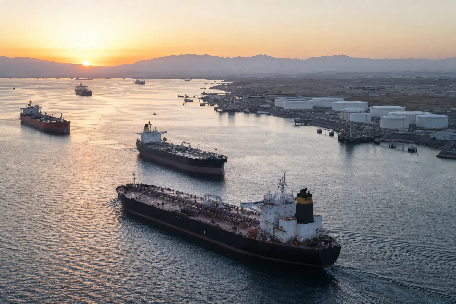 Several large oil tankers on calm water with a sunset sky over mountains and an oil terminal with storage tanks in the distance.