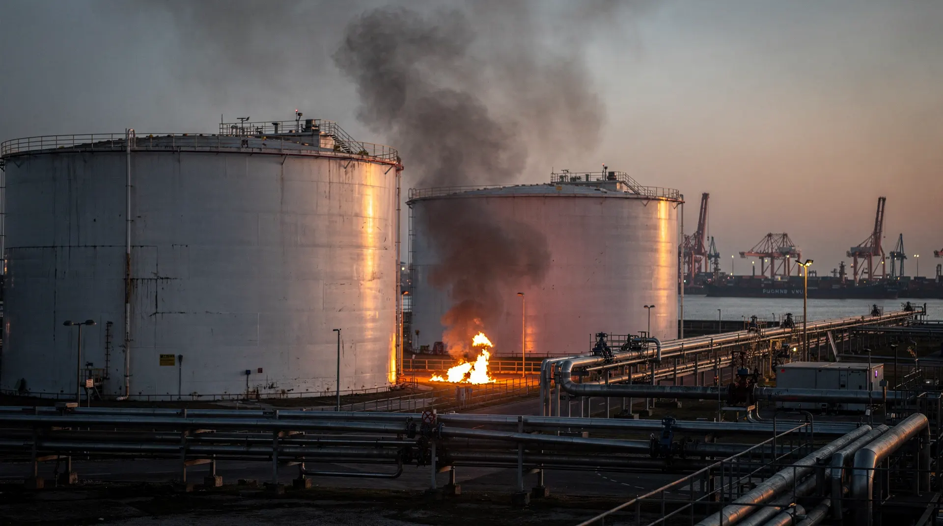 Smoke rises beside oil storage tanks at an unmarked harbor terminal at dusk.