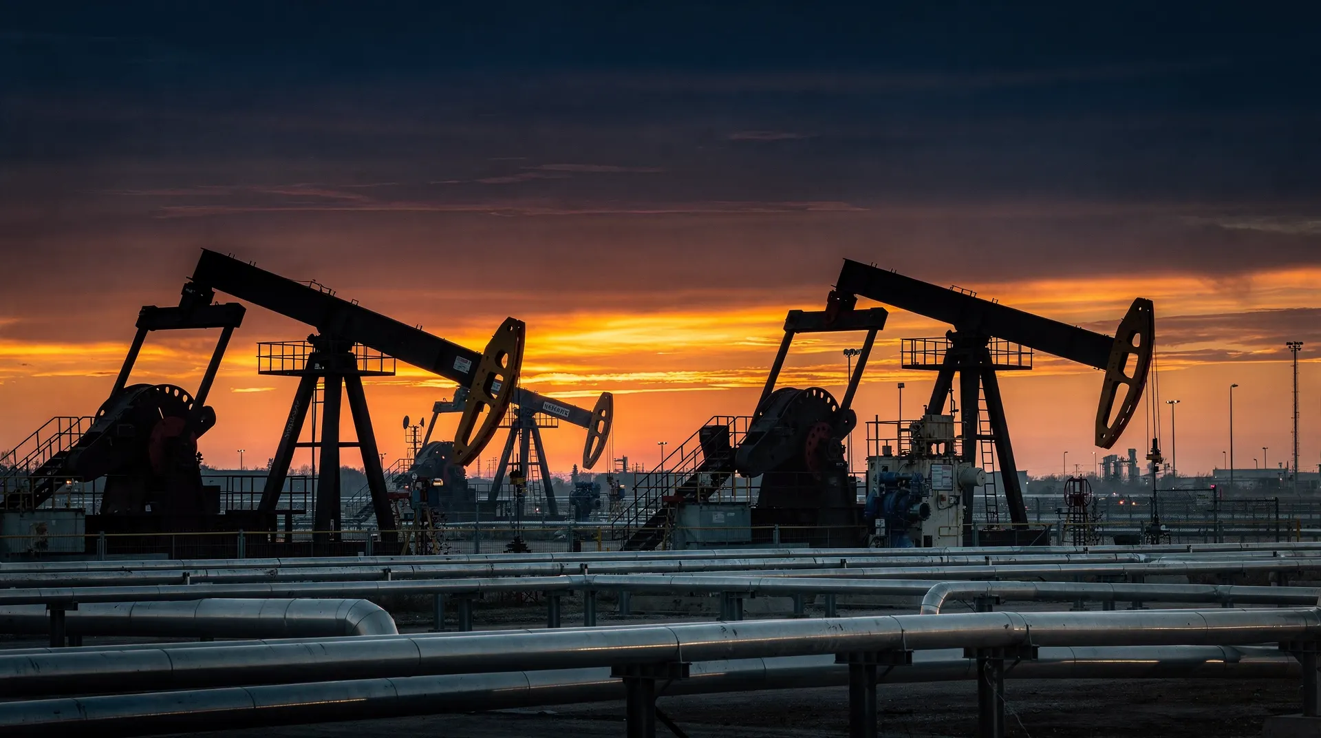 Oil machinery silhouetted against a dramatic dusk sky