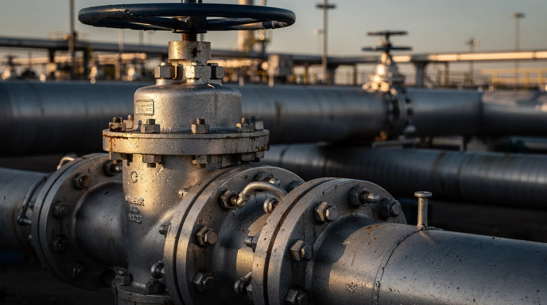 Oil pipeline valves in dramatic industrial light