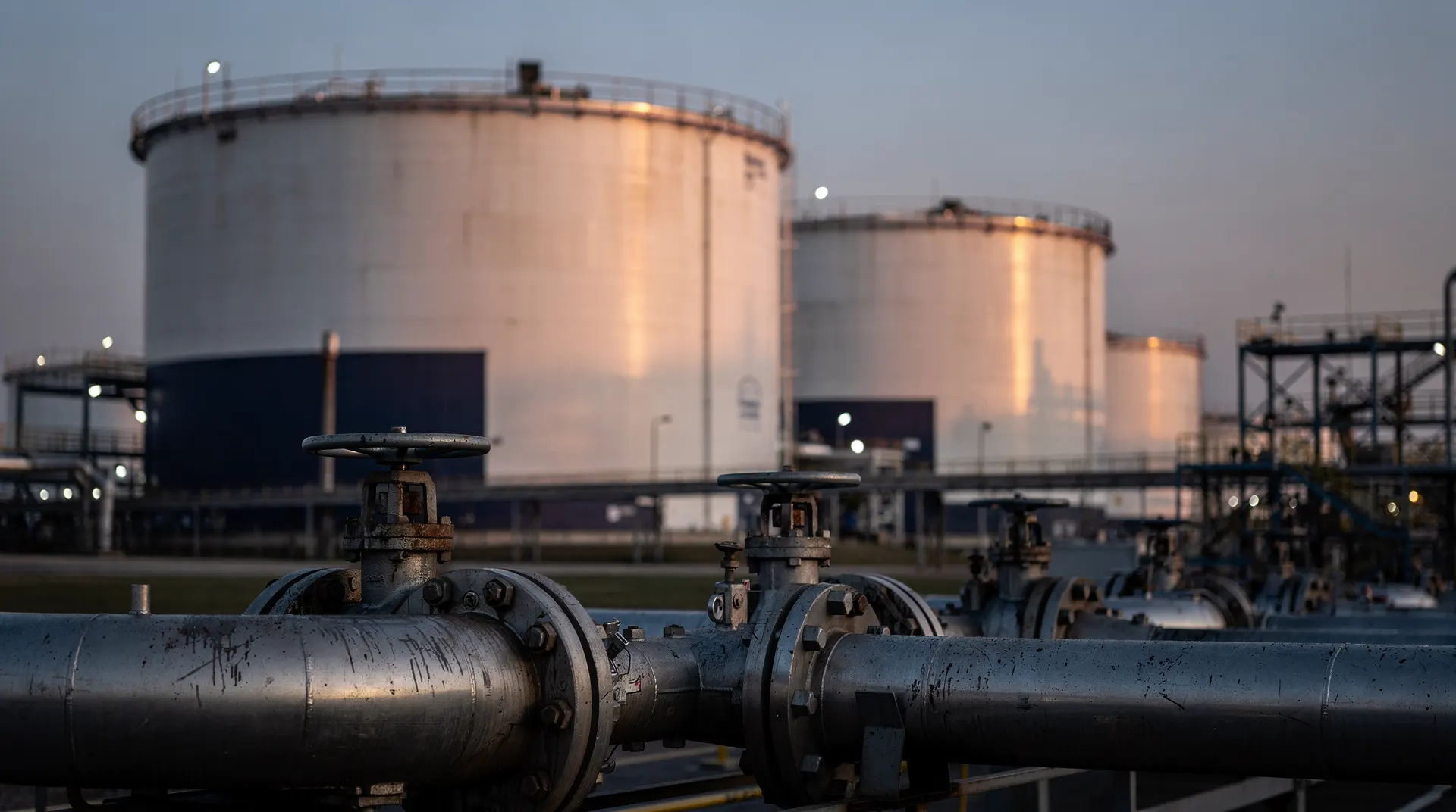 Pipeline valves stand before crude oil storage tanks at a refinery under a hazy dusk sky.
