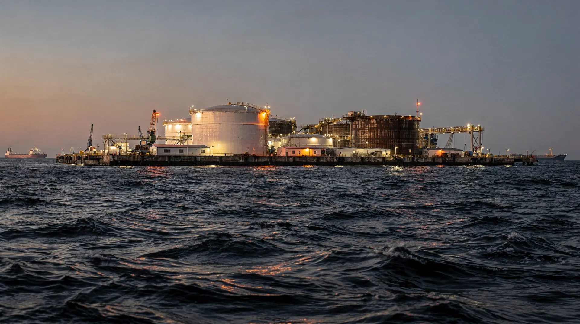 An unmarked crude-oil tanker crosses choppy water at dusk, with faint vessels on the horizon.