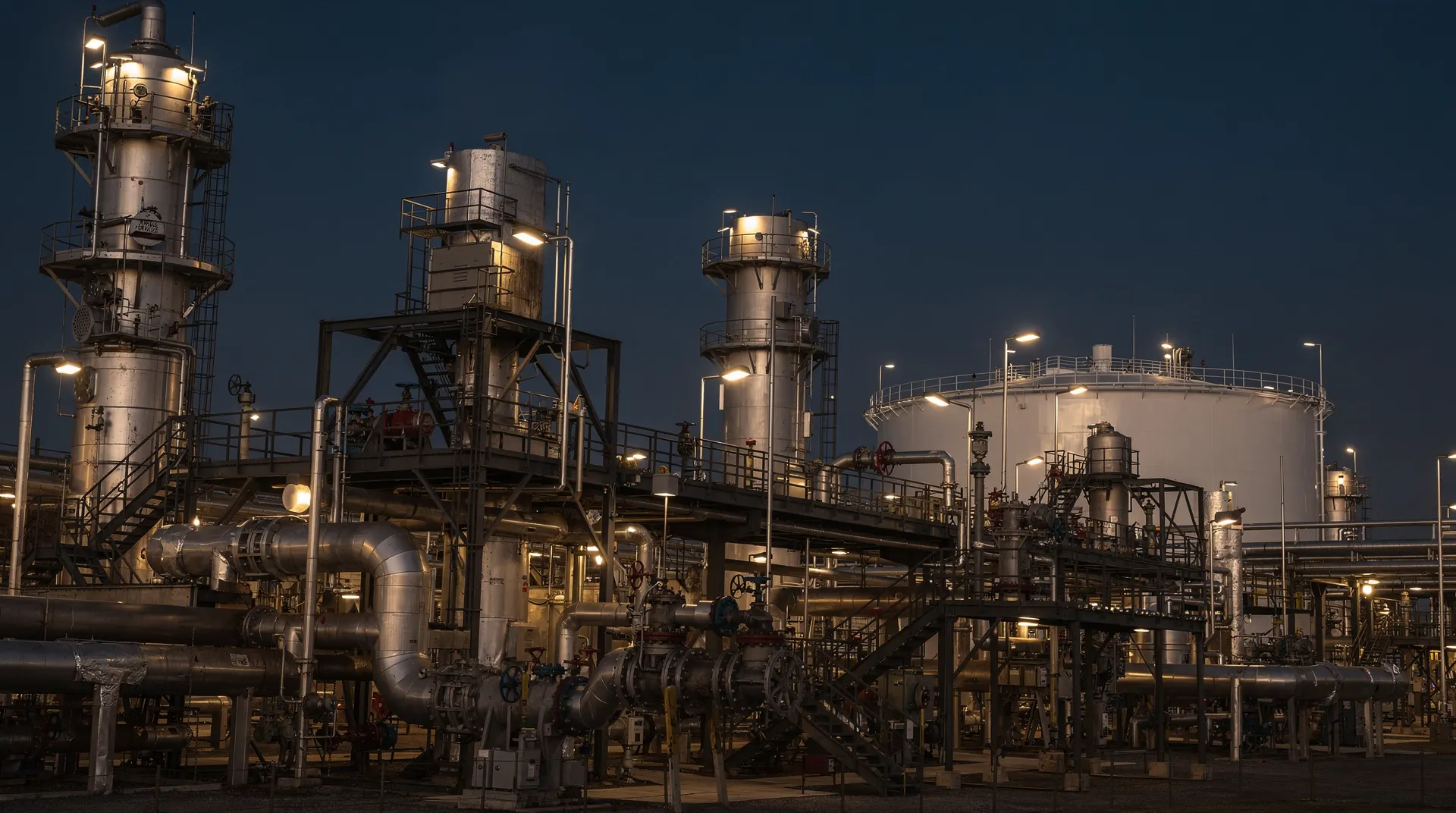 Intact refinery towers, tanks and pipelines stand in calm dusk light.
