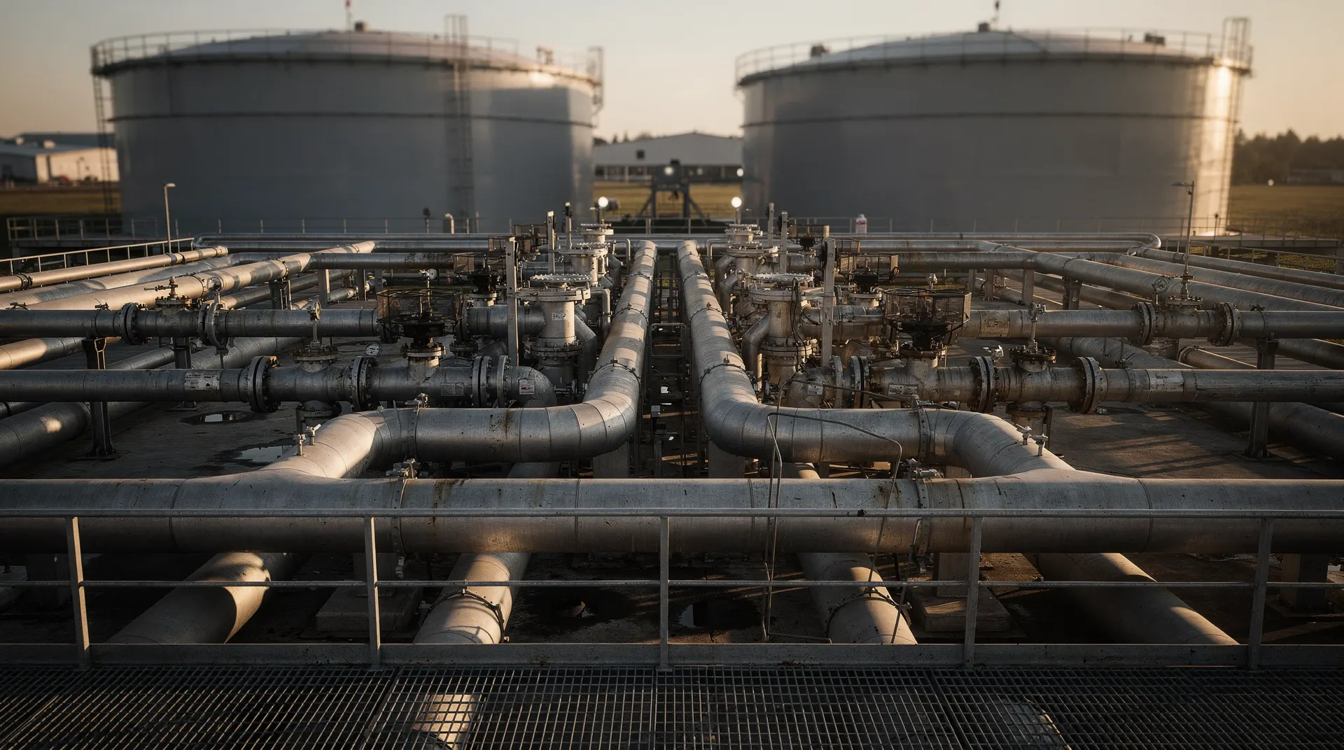 An unmarked crude oil tanker sits at a loading berth beside pipes, with fuel tanks in the distance.