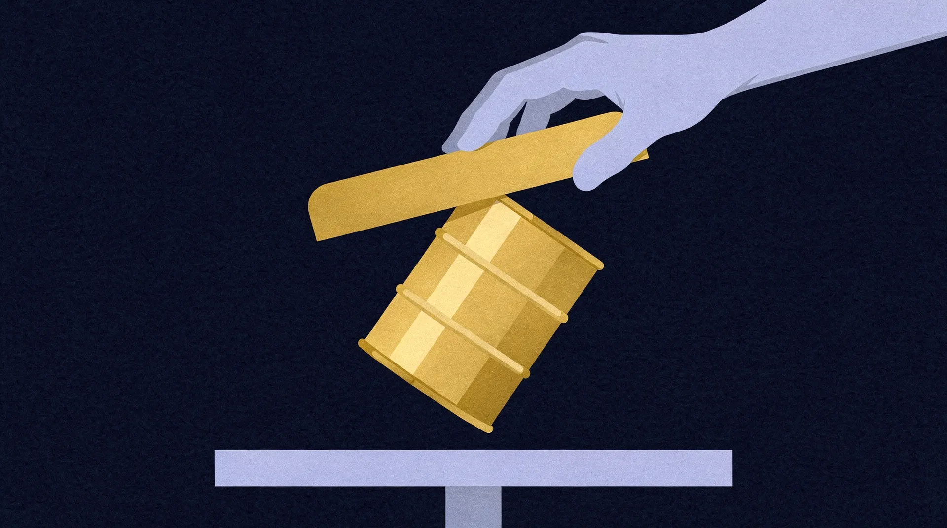 Stylized illustration of a light blue hand dropping a golden oil barrel onto a light grey surface against a dark blue background.