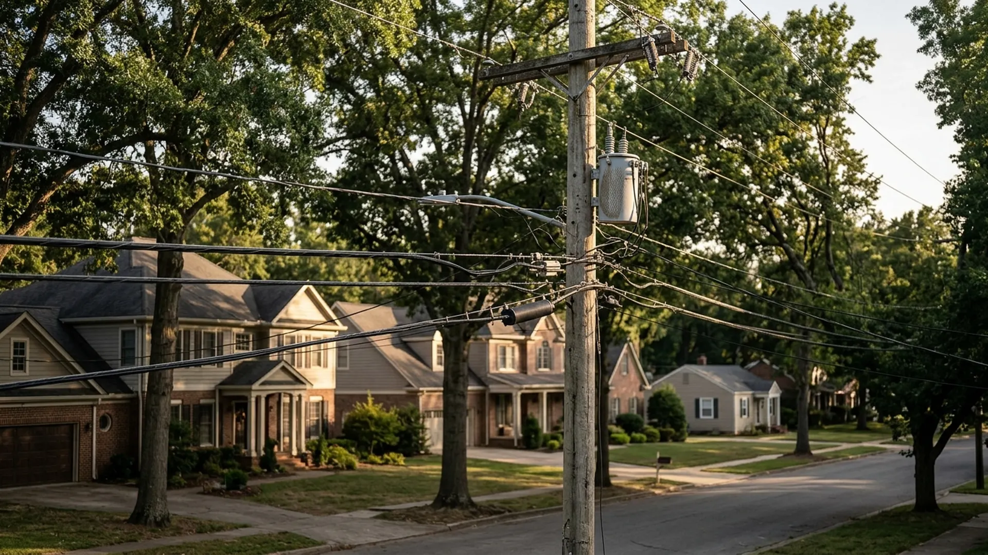 Established family homes line a tree-shaded street, with a smaller house farther down the block.