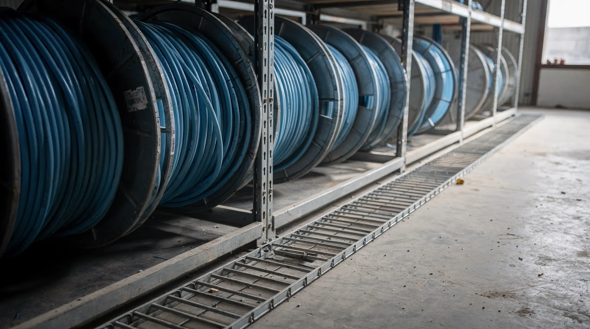 Coils of blue fiber-optic cable on industrial storage spools in a warehouse, awaiting installation.