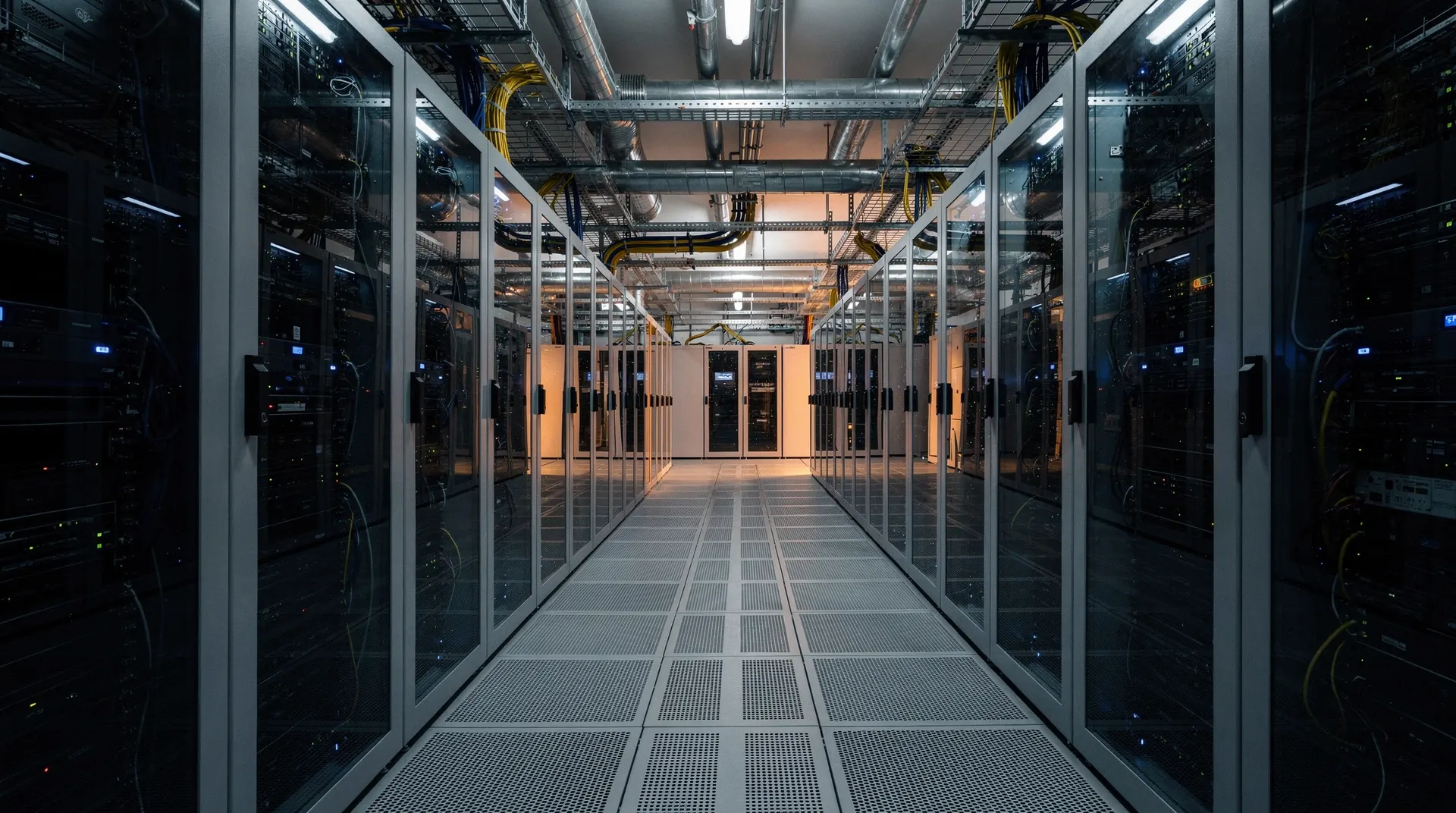 Server racks recede down a blue-lit data center aisle, with warm light at the far end.