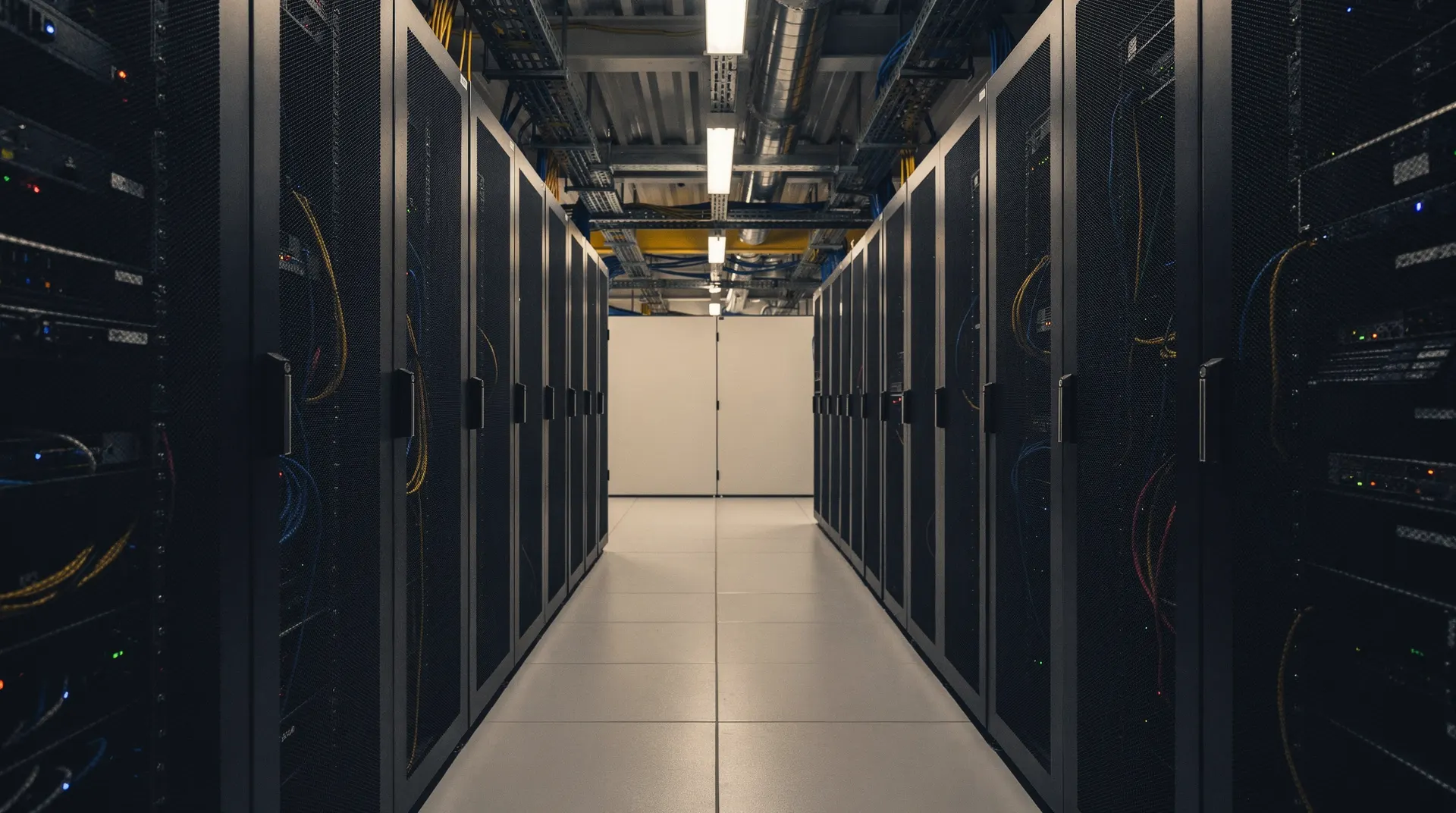 Unbranded server racks frame an open aisle in a softly lit cloud data center.