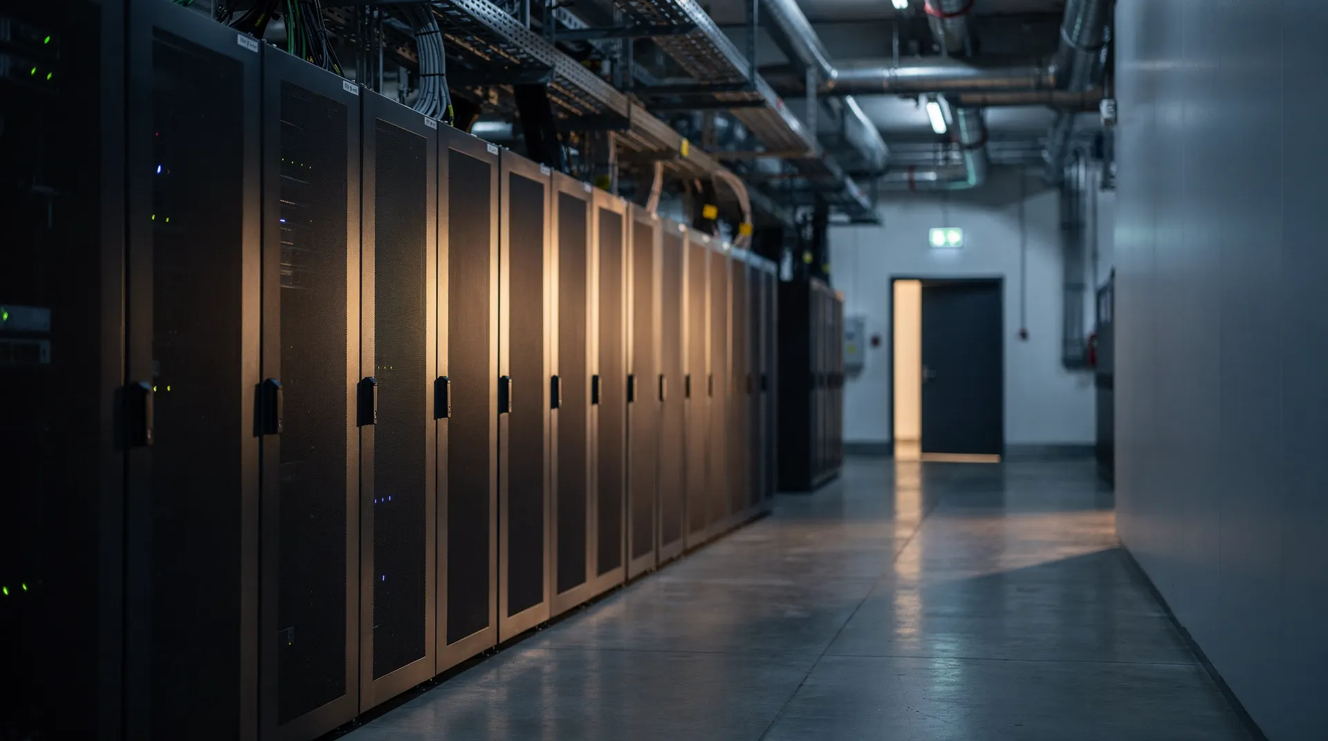 Closed server racks line an empty data-center aisle under subdued lighting.