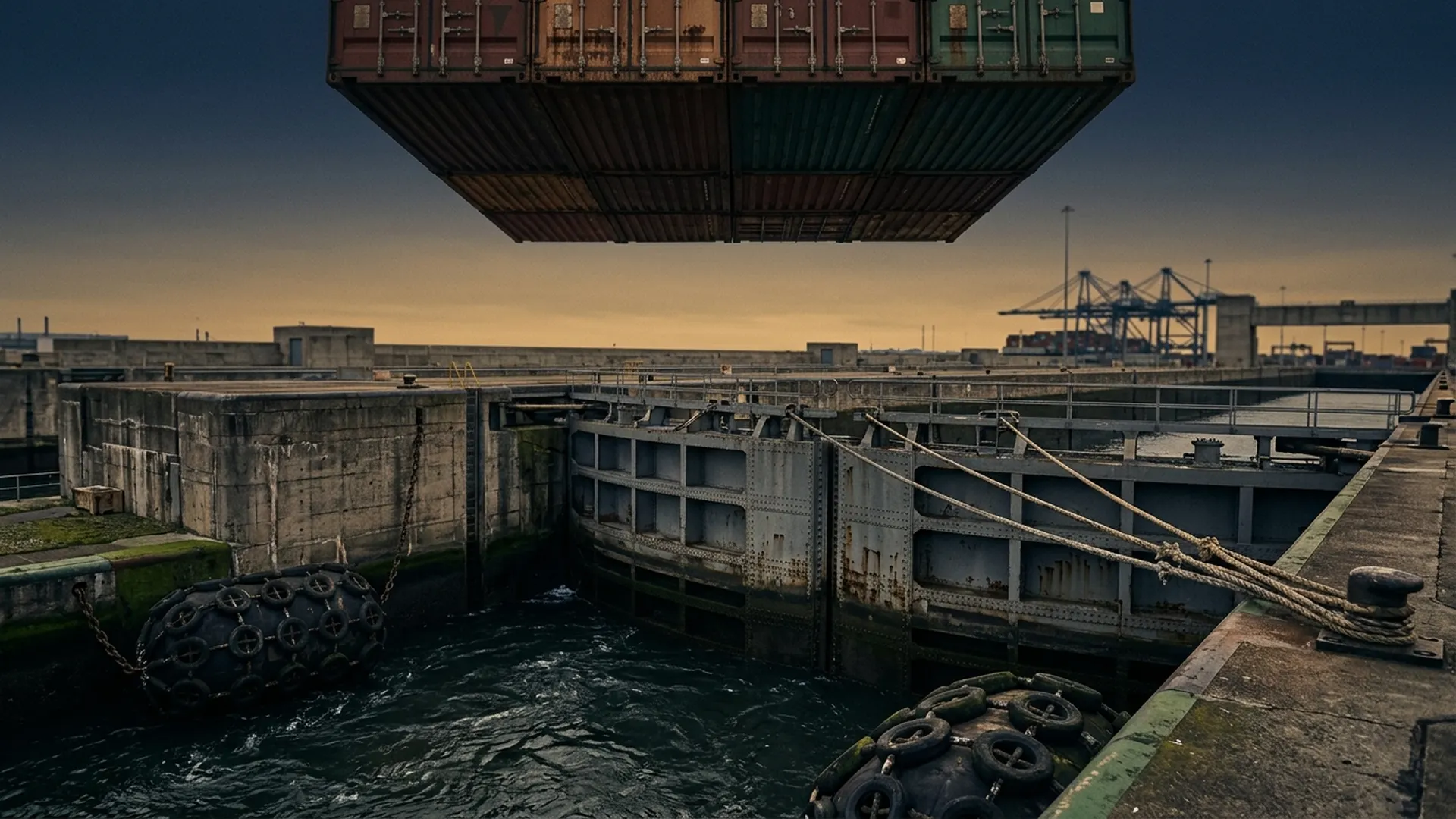 Container ship squeezed between concrete lock walls at dusk, crane silhouettes fading into haze.