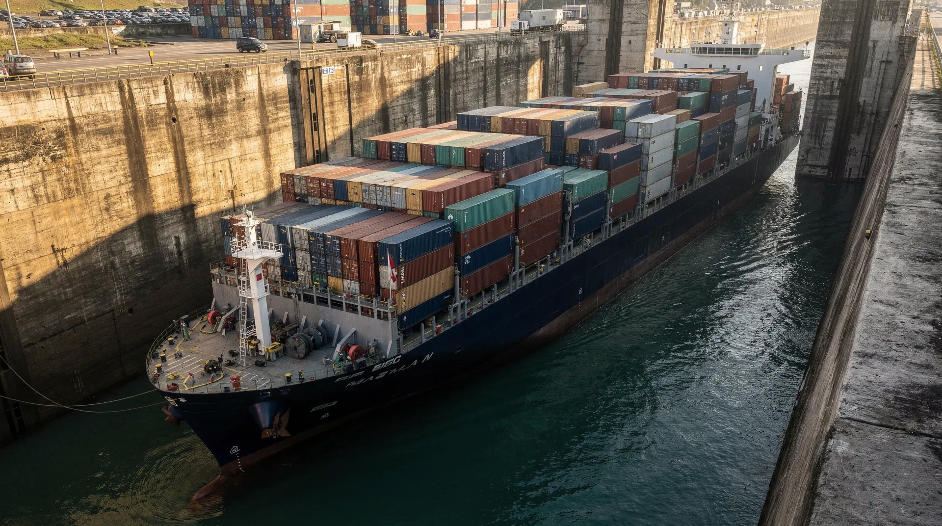 A loaded container ship passes through a wide canal lock beneath warm morning light.