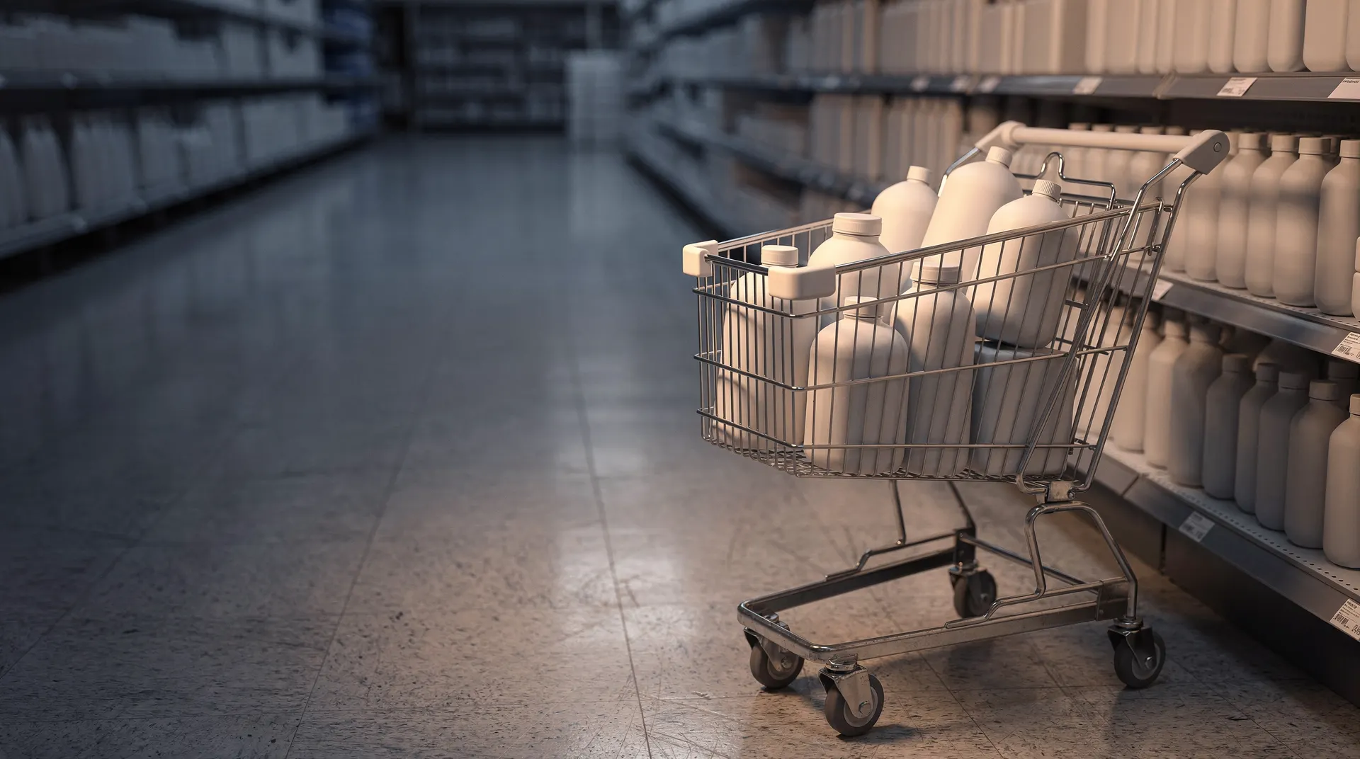 A shopping cart of unbranded household goods stands in a softly lit supermarket aisle.