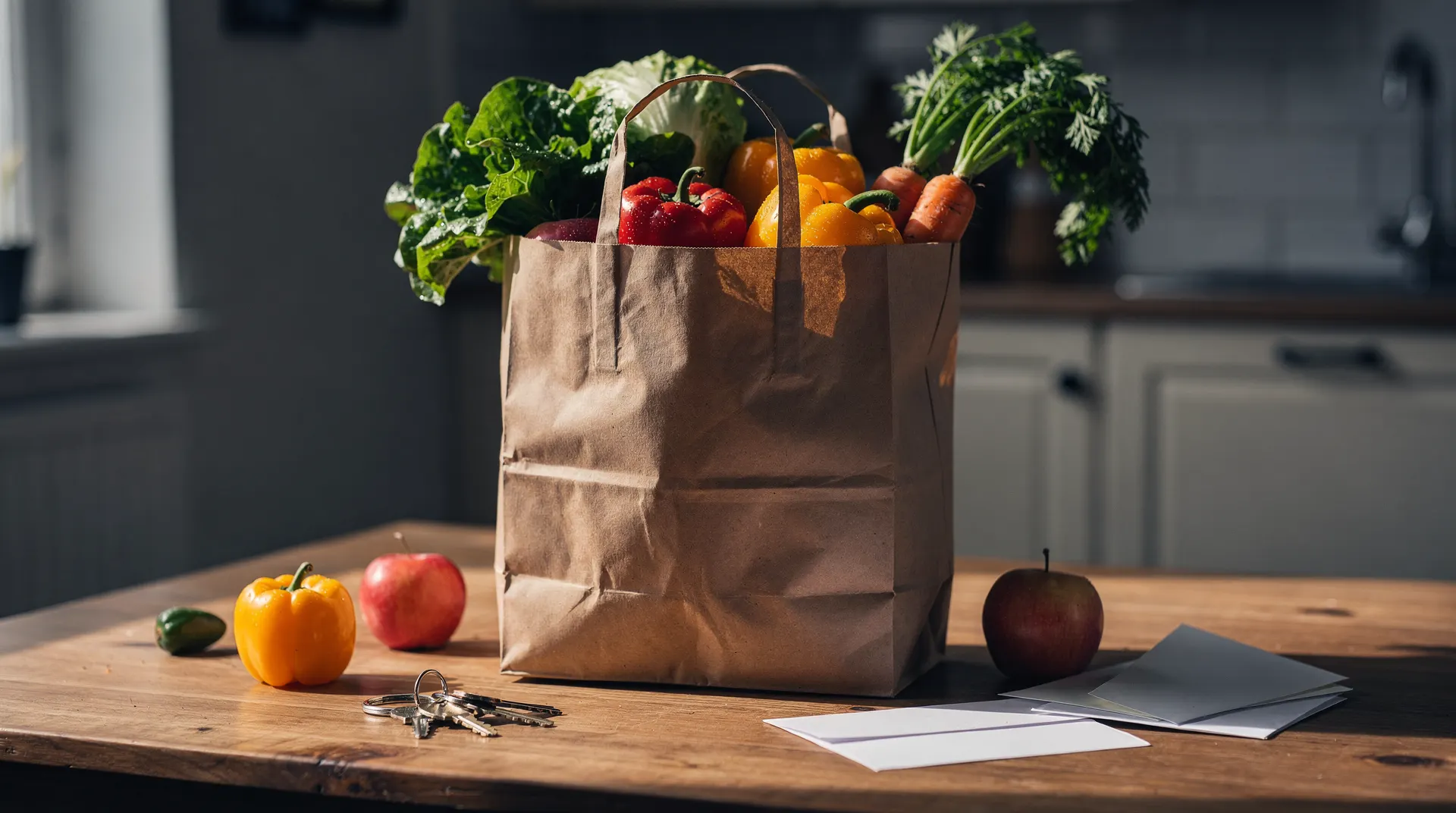 A grocery bag of produce sits beside apartment keys and blank envelopes on a kitchen table.