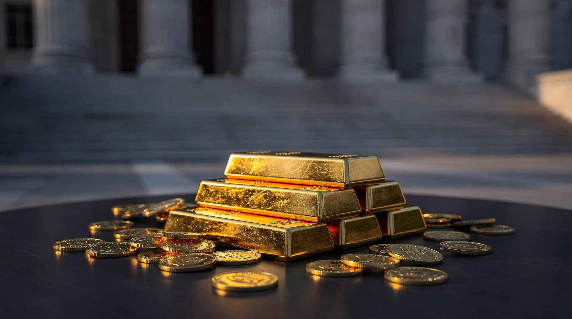 Stacked gold bars and coins glow in dawn light with a government building softly blurred behind them