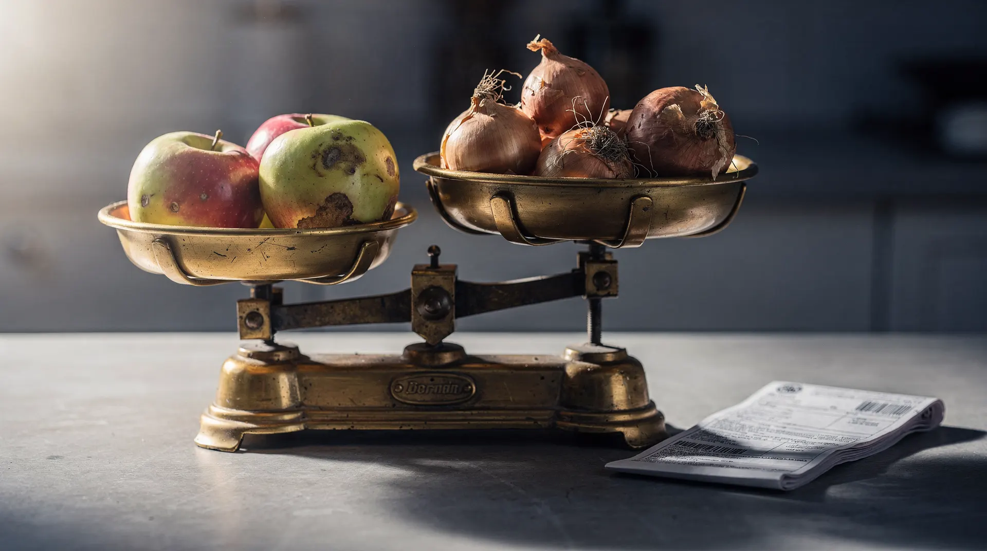 Brass balance scale weighing apples and onions beside a folded paper bill on a wooden table.