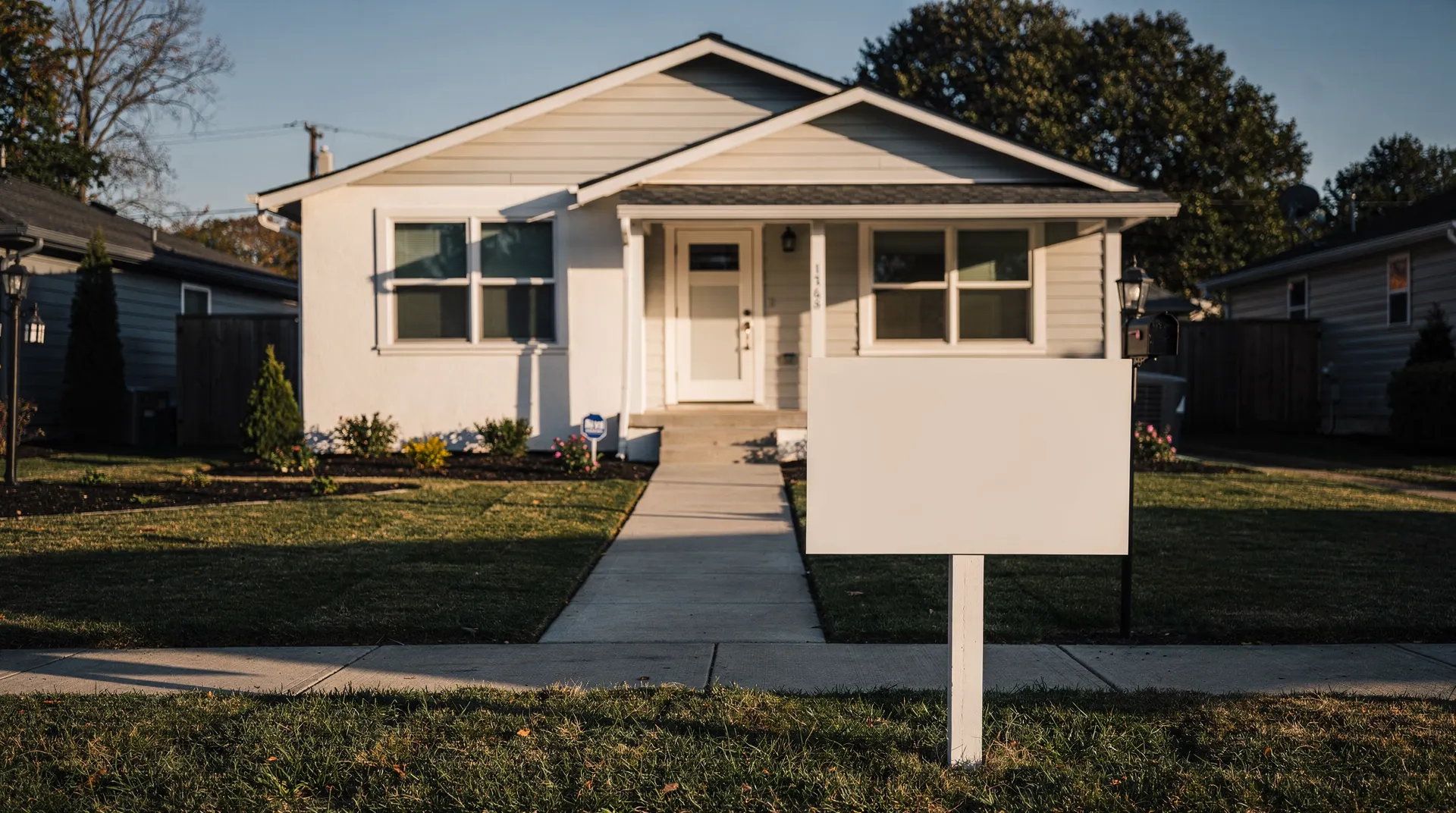 A blank real-estate sign stands outside a suburban house with an empty walkway to its front door.