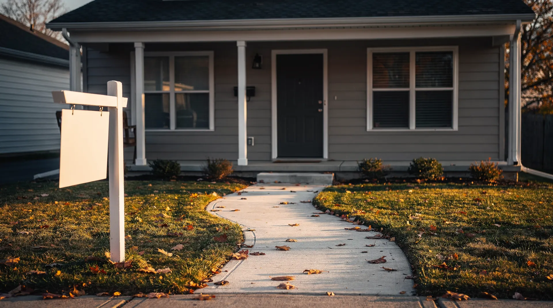 A closed suburban home stands beyond an empty walkway and a blank yard sign.