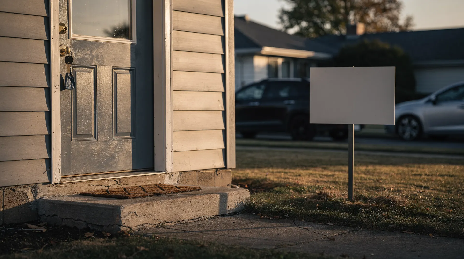 Keys hang from a suburban front door, with an unmarked real-estate sign beyond the empty lawn.