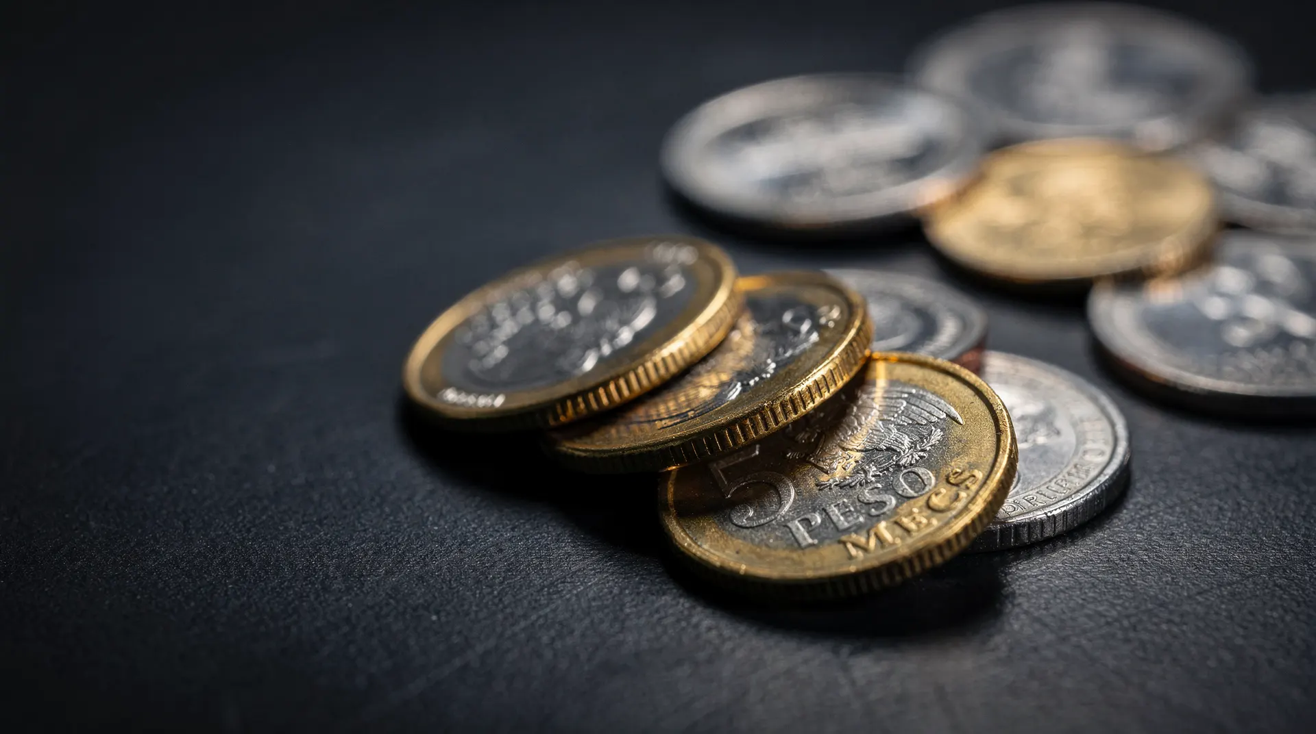 Mexican peso coins in focus on a dark tabletop, with US dollar coins softly blurred behind them.