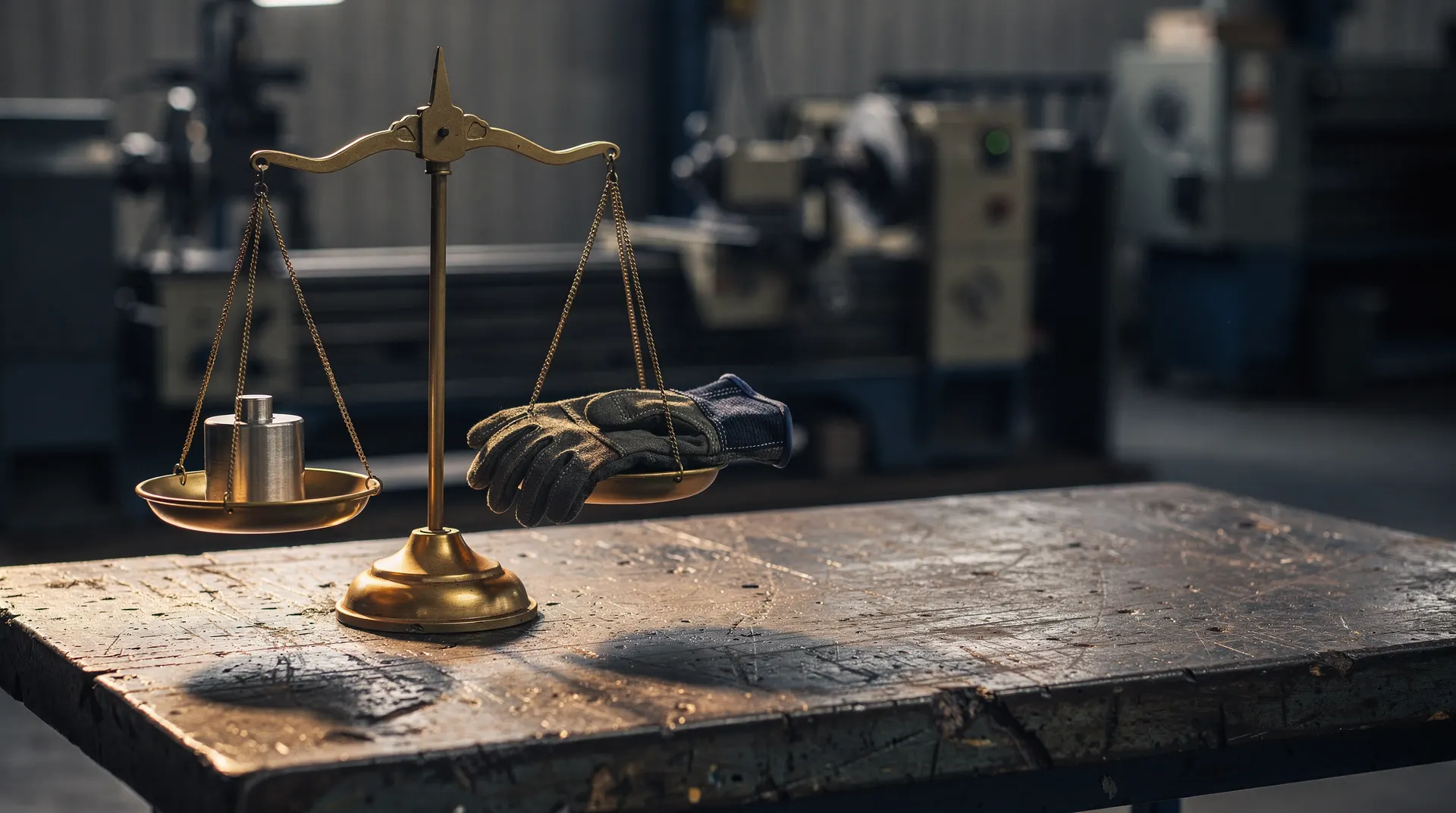 A brass balance scale holds a metal weight opposite unused work gloves on an industrial workbench.