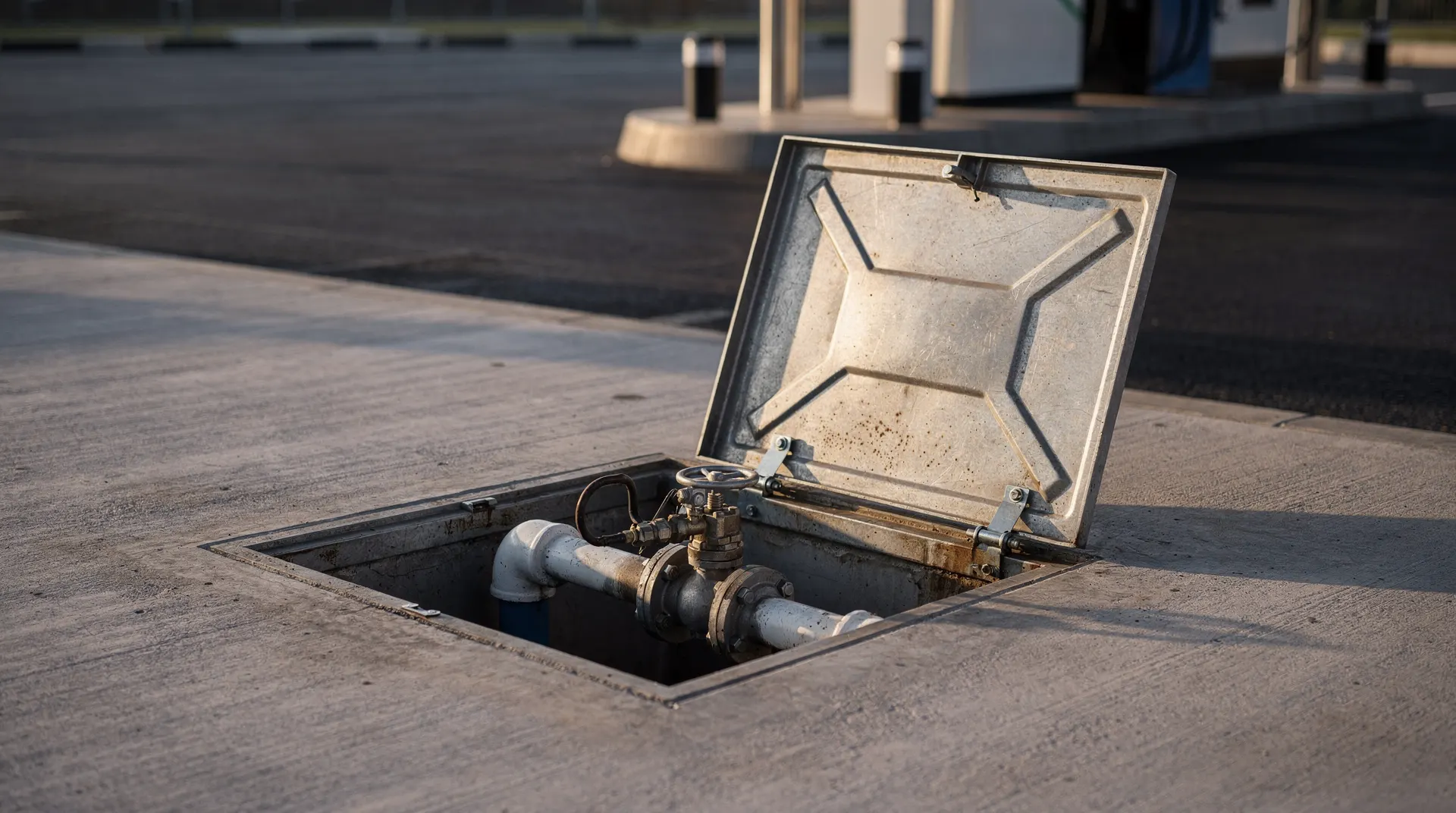 A gasoline pump nozzle rests in its cradle beside an empty forecourt.