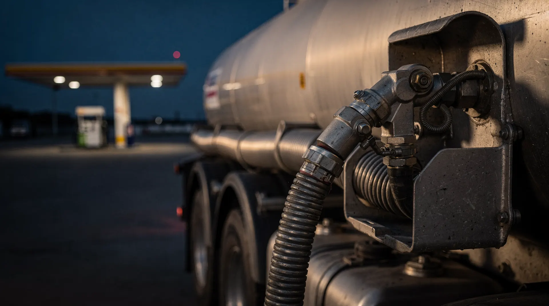 A gasoline pump nozzle rests in its cradle beneath a softly blurred canopy at dusk.