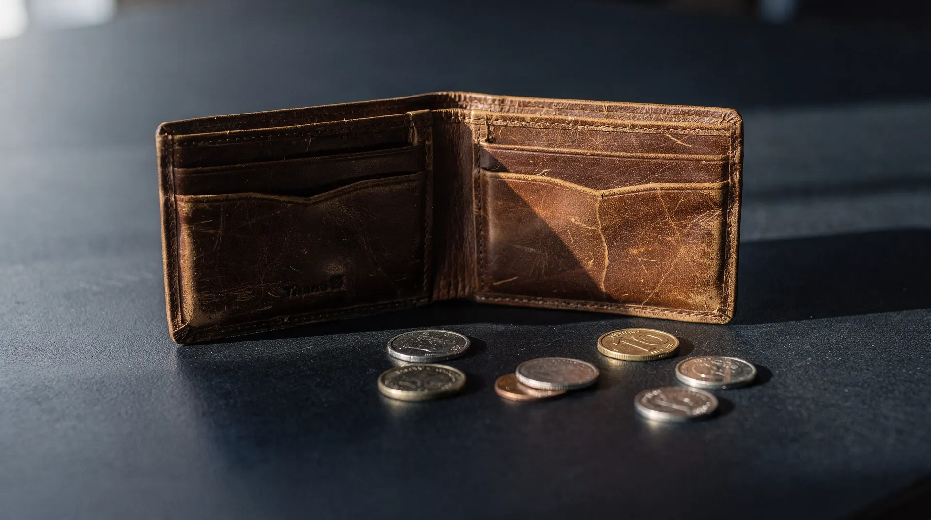 An open, empty leather wallet sits beside a few unmarked coins on a dark tabletop.