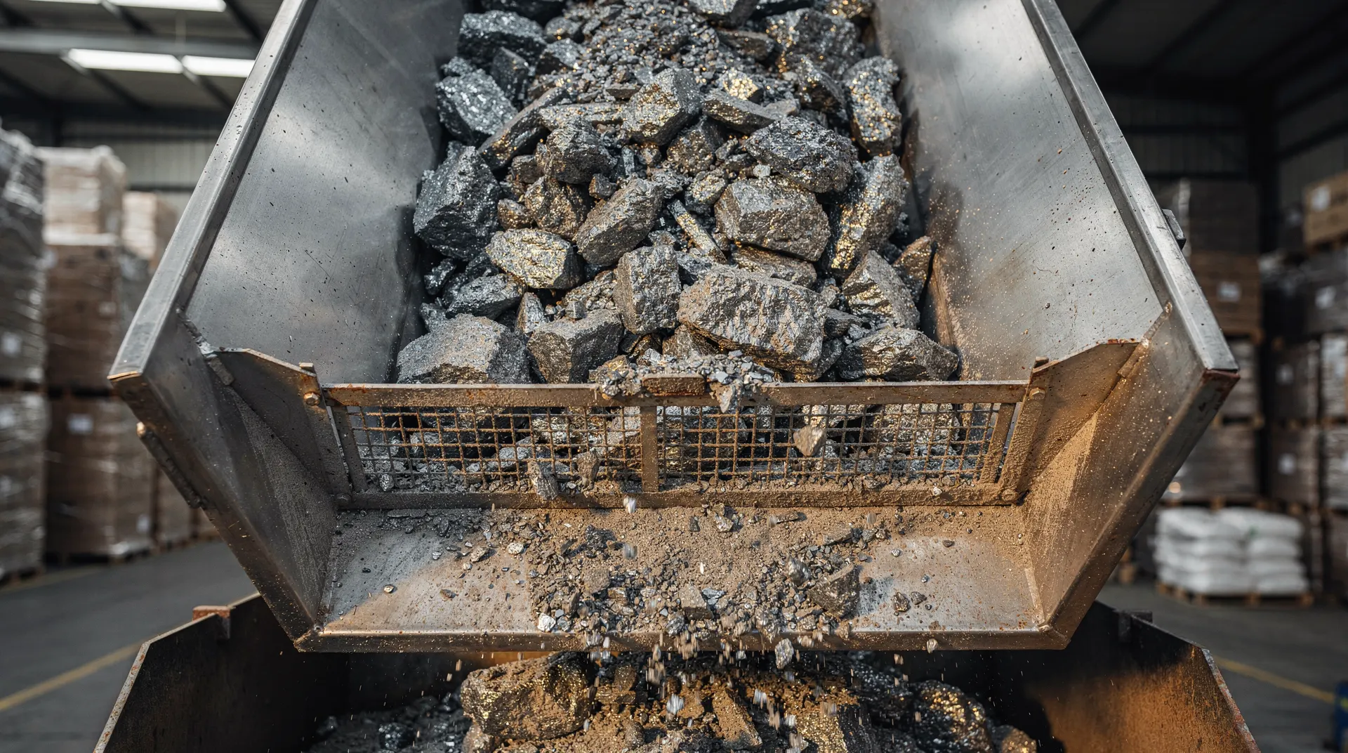 Close-up of dark, raw industrial material, possibly polysilicon, being poured from one metal container into another.