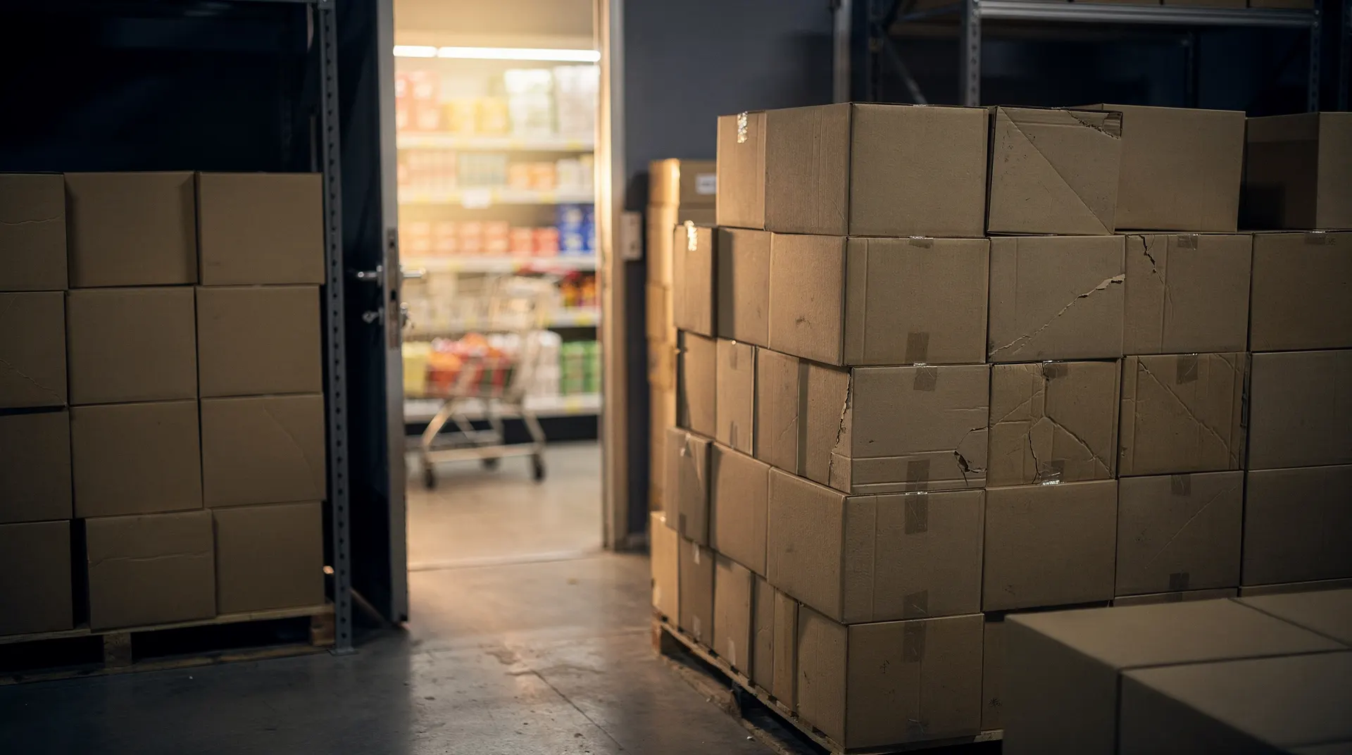 Plain cartons fill a supermarket stockroom beside a doorway to grocery shelves and an empty cart.