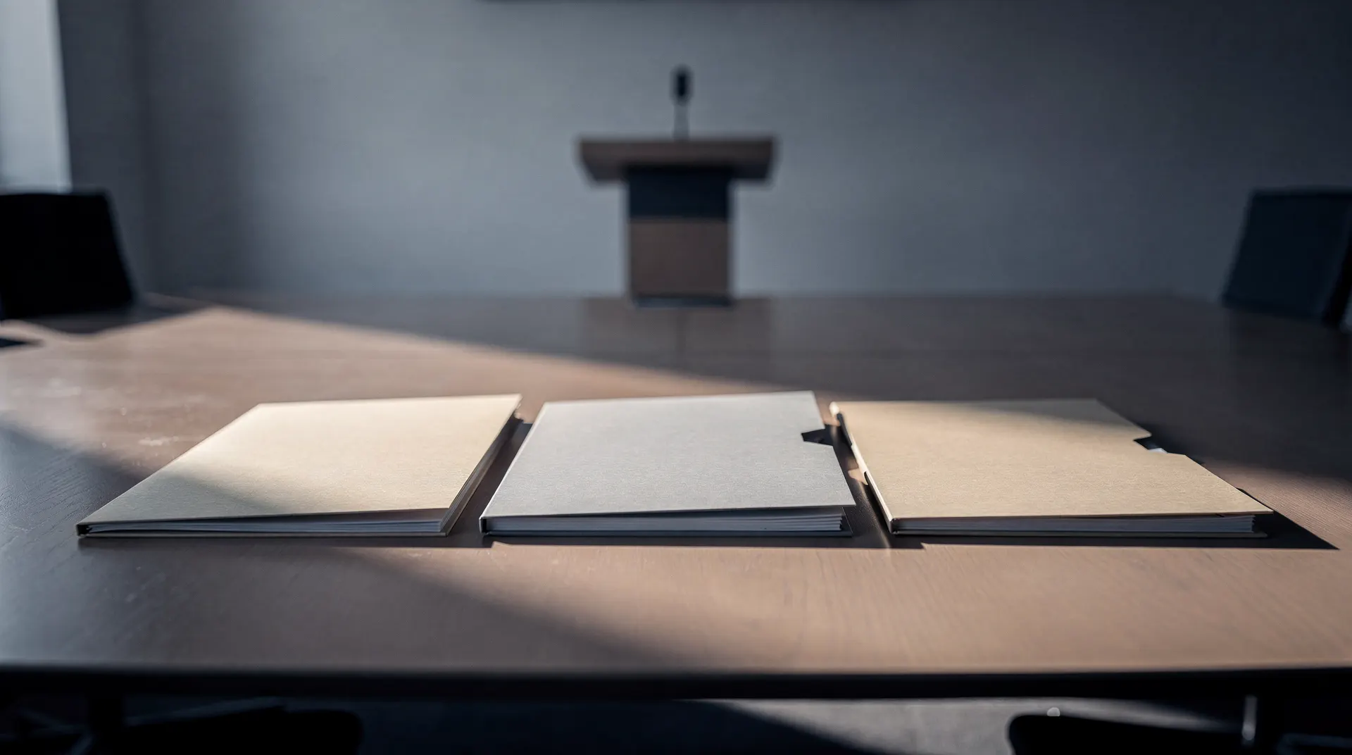 Three unmarked folders sit on a conference table, with an empty lectern blurred in the background.