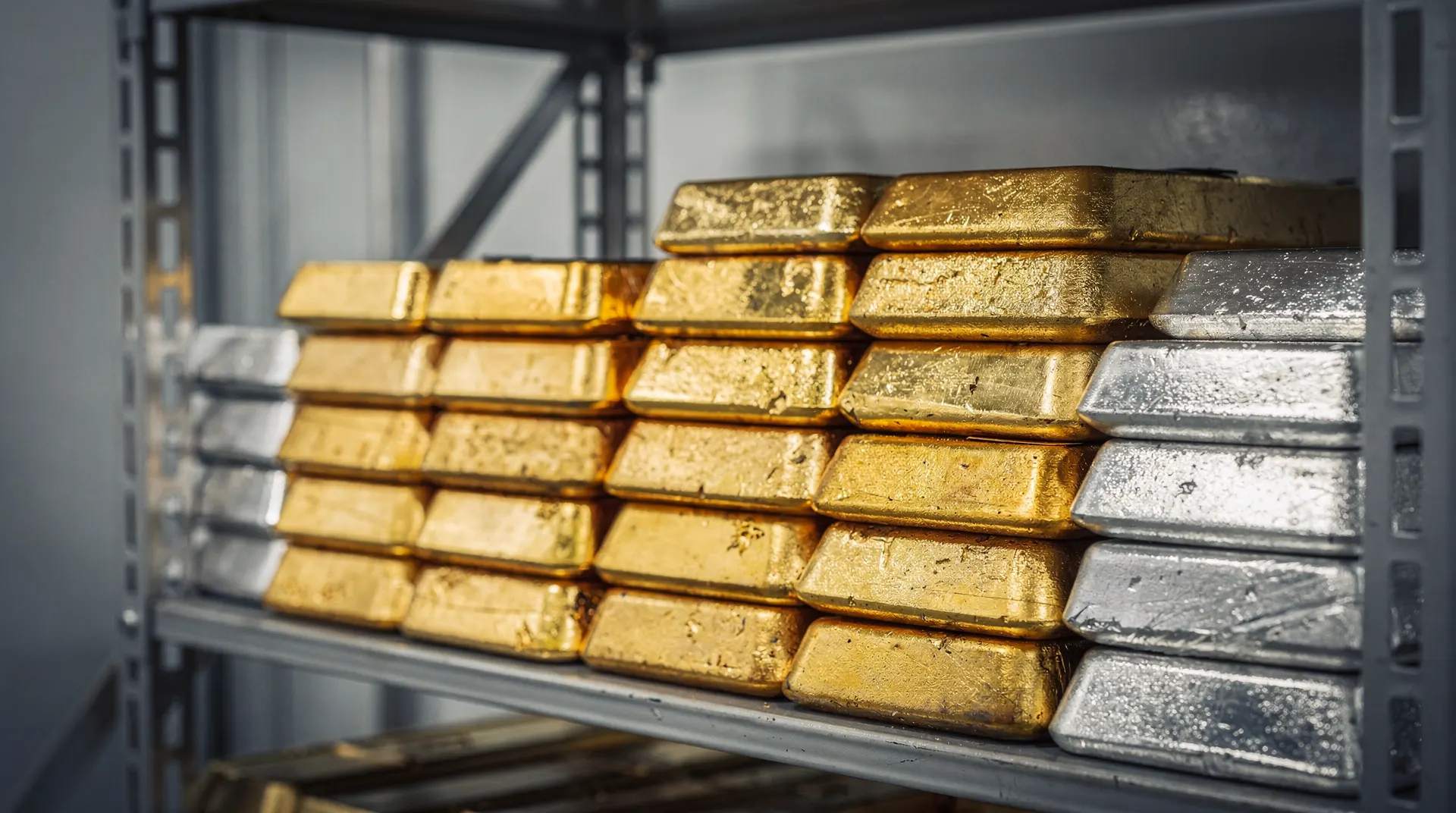 Stacked gold and silver bullion bars in a vault storage facility