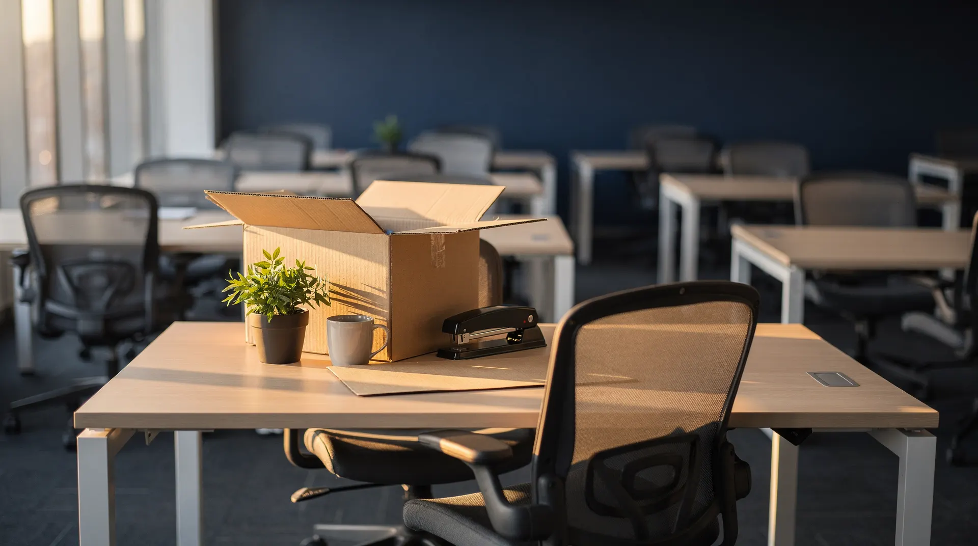 An open box of office supplies being unpacked on a bare desk, one chair newly placed in an empty office.