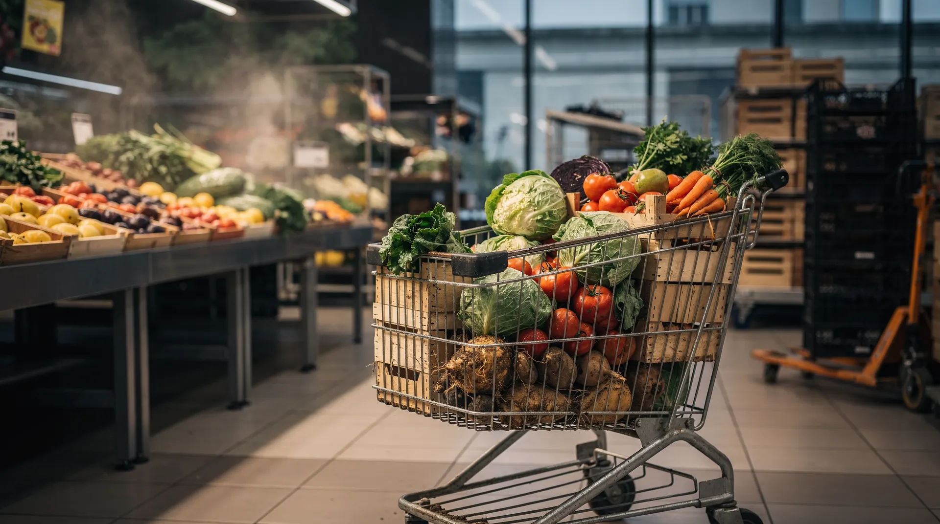 A grocery cart filled with fresh produce stands in a softly lit supermarket aisle.