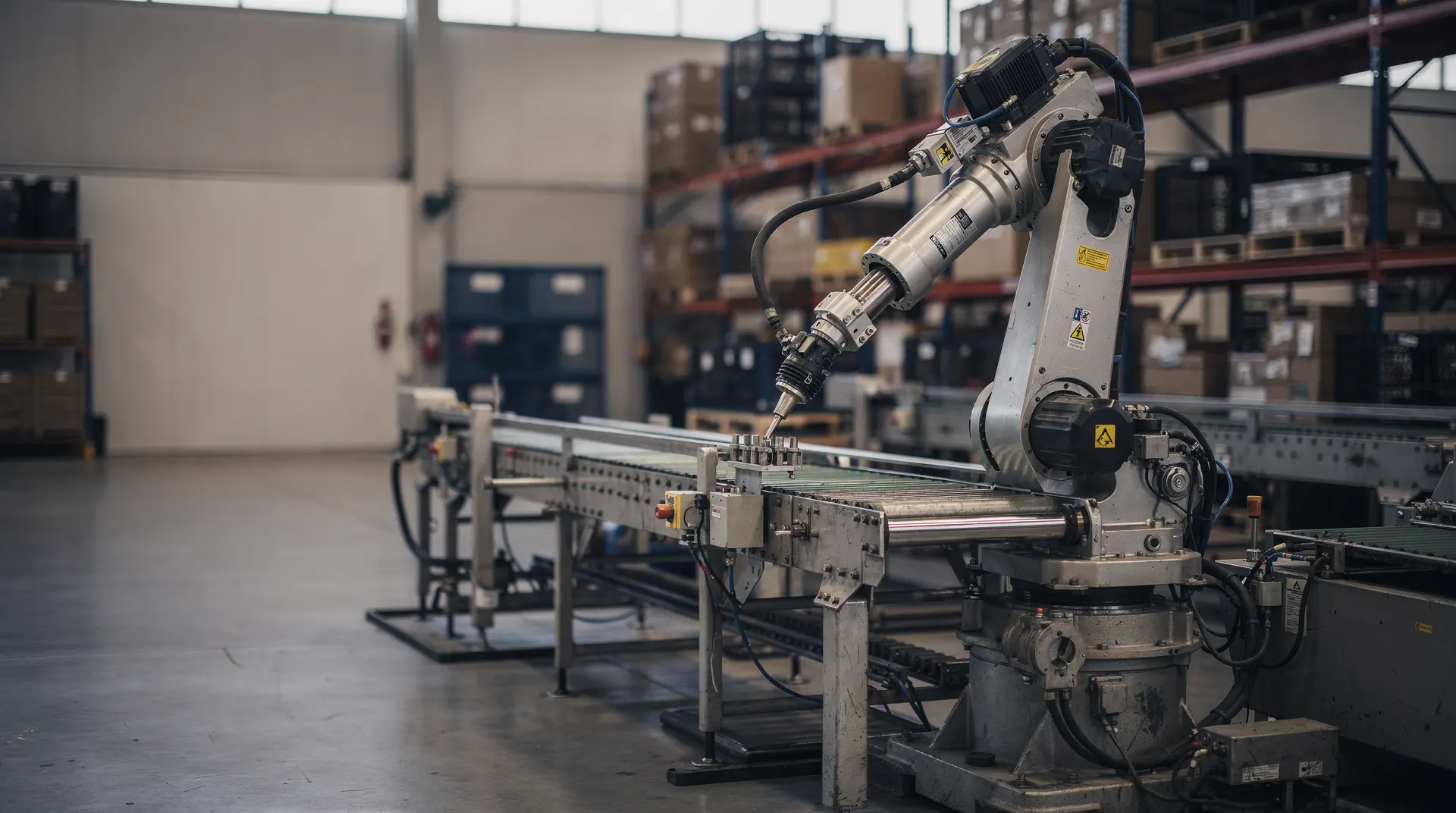 Industrial equipment stands beside unmarked inventory crates on a softly lit factory floor.