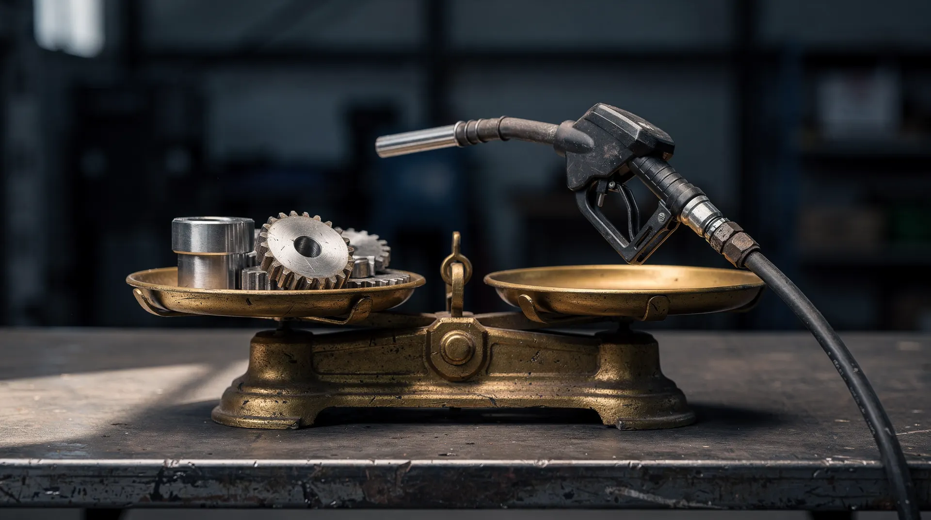 A brass balance scale holds machined metal parts opposite an unmarked fuel-pump nozzle.