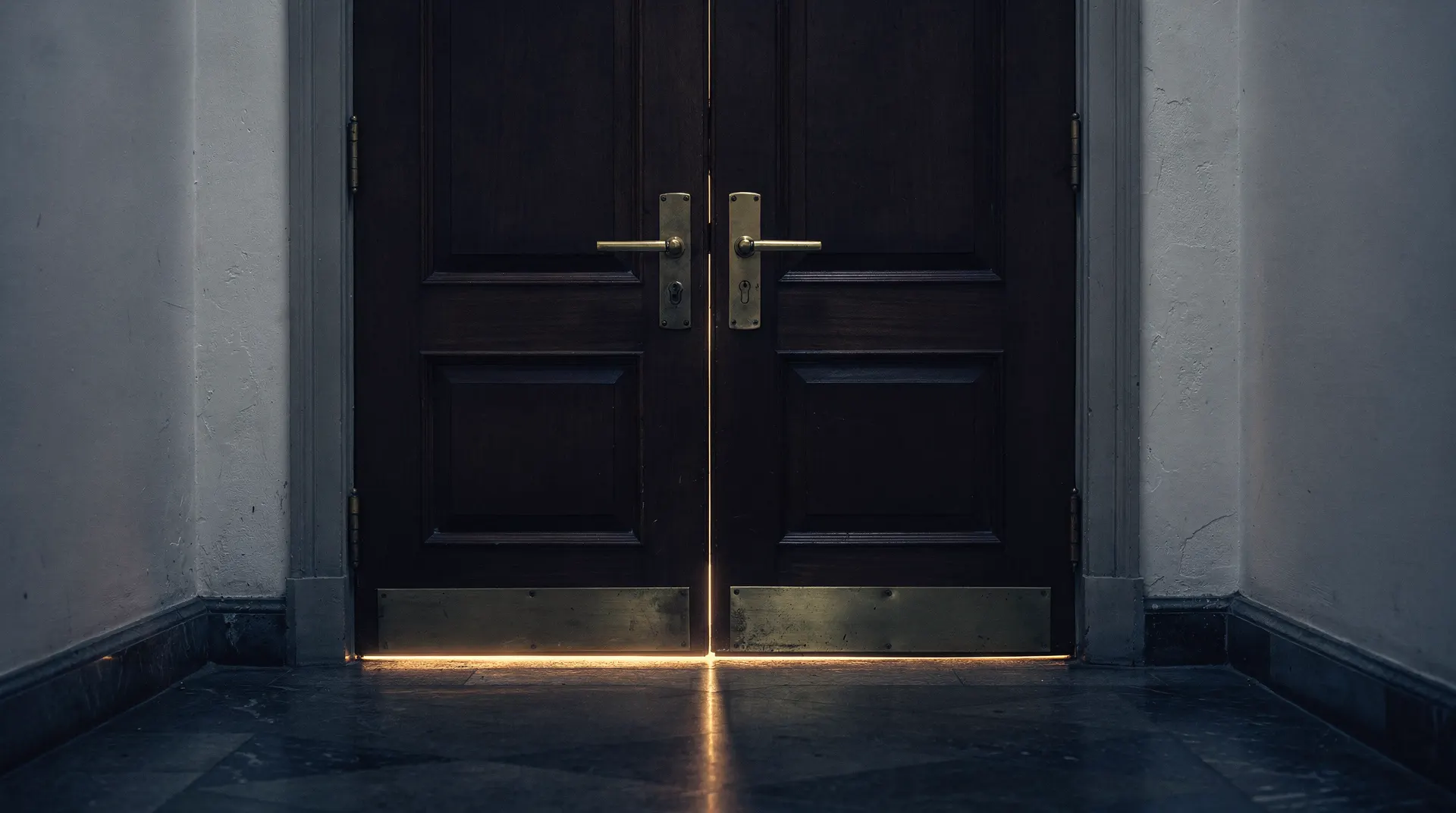 Closed meeting-room doors with brass handles at the end of an empty, softly lit corridor.