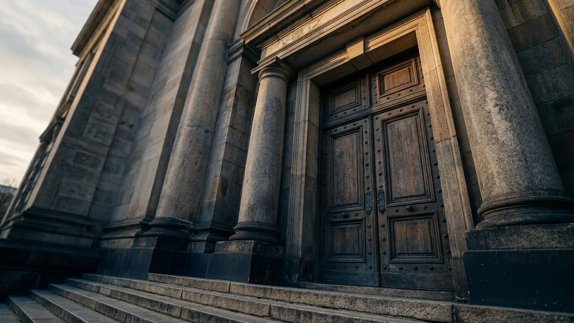 Closed wooden doors at an unmarked stone institutional entrance in warm late-afternoon light.